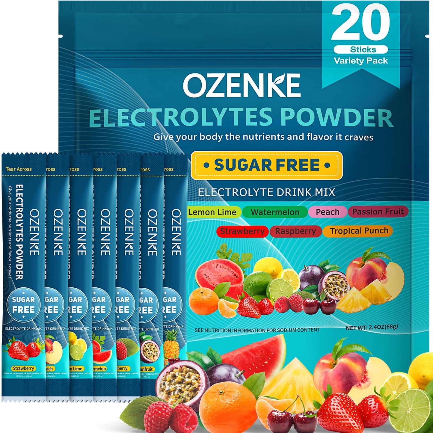 OZENKE Electrolytes Powder Packets, Hydration Packets, Electrolytes Powder No Sugar, Portable Electrolyte Drink Mix for Rapid Hydration, Sugar Free & Low Sodium | 0 Calorie | 7 Flavors | 20 Sticks
