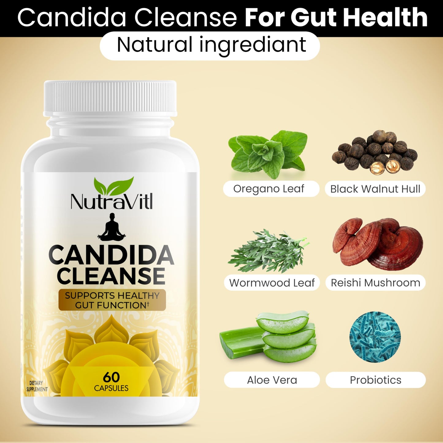 Candida Cleanse (60 Capsules) Gut & Colon Support for Men & Women - Candi Support Natural Herbs for Intestinal Overgrowth Detox - Includes Oregano Leaf, Wormwood, Black Walnut, Caprylic Acid
