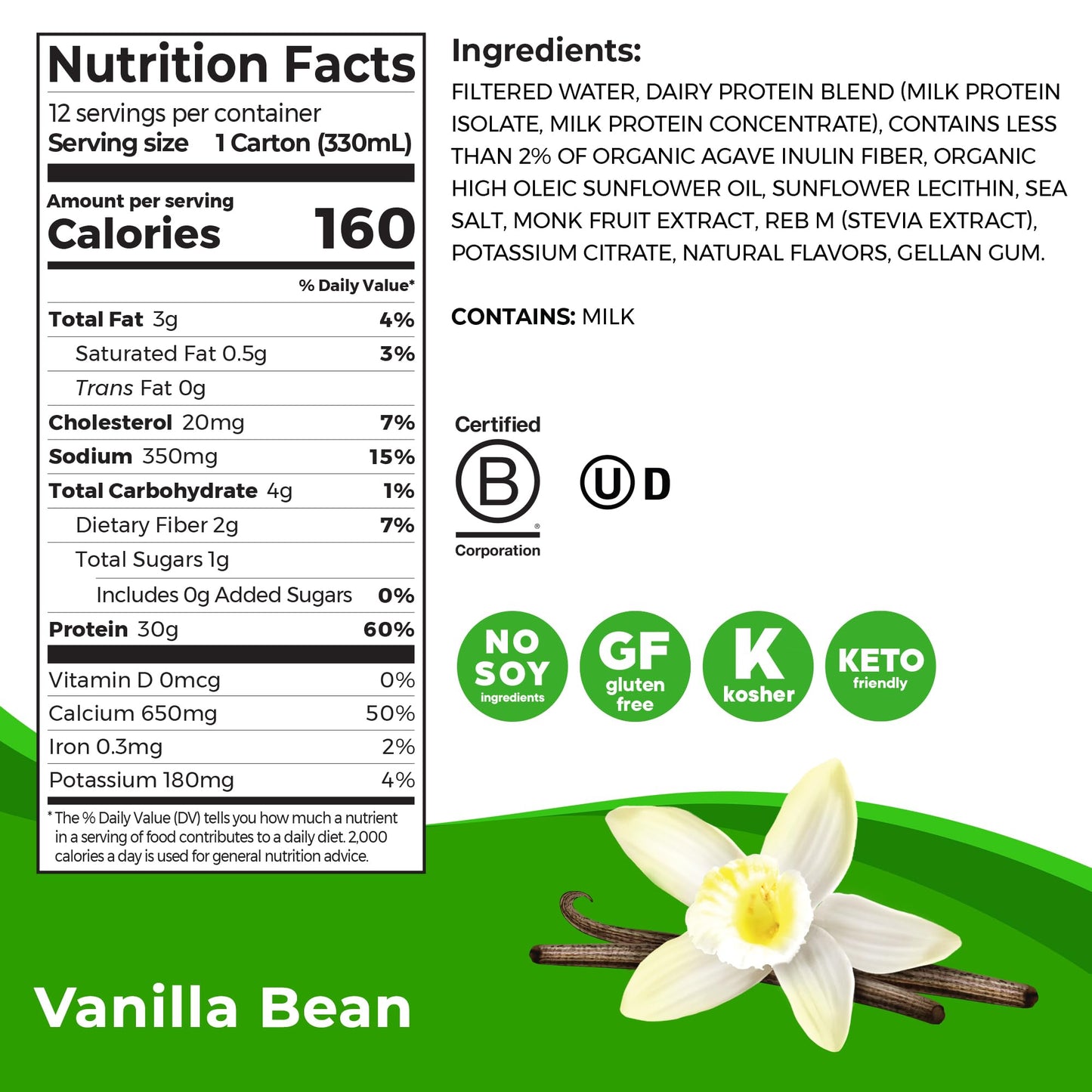 Orgain 30g High Protein Shake, Dairy Isolate Milk Protein, Vanilla Bean, 6g BCAAs, 1g Sugar Per Serving, Meal Replacement, Ready to Drink, Keto Friendly, Gluten-Free 11 Fl Oz (Pack of 12)