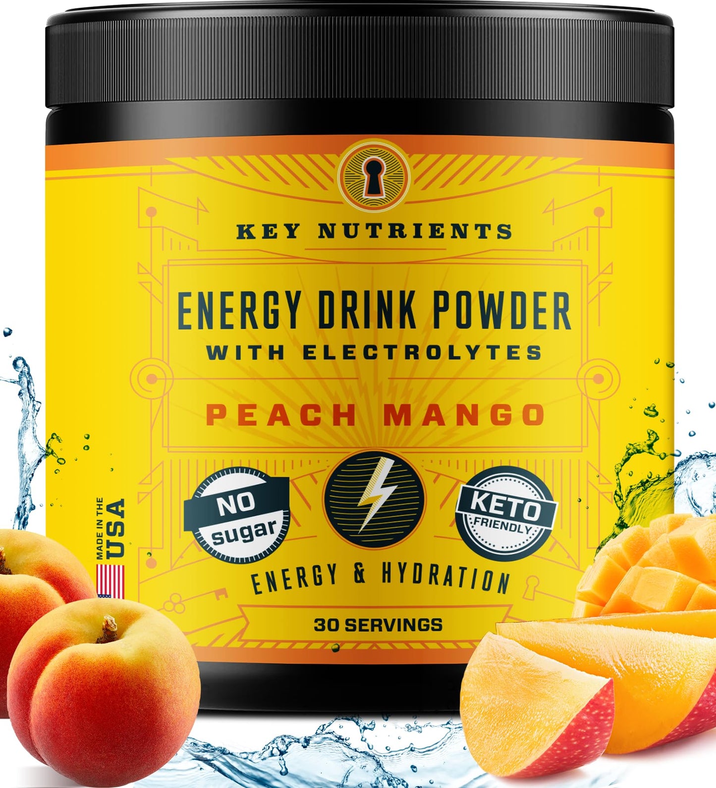 KEY NUTRIENTS Energy Drink Powder with Electrolytes No Sugar - Endurance & Energy Supplement - 125mg Natural Caffeine Powder, 2000mg Taurine, 5mg Zinc - Tropical Peach Mango Energy Powder Drink Mix