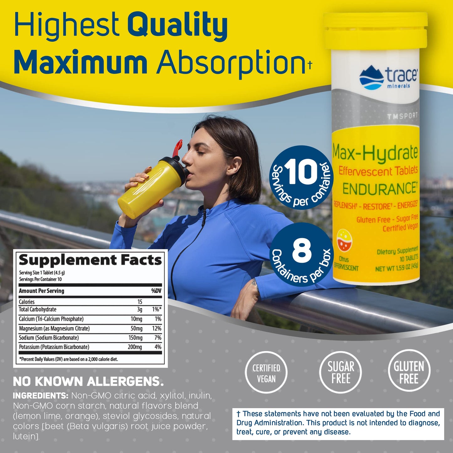 Trace Minerals Max-Hydrate Endurance - Daily Energy Support Supplement - Electrolyte Supplement to Aid Against Muscle Cramps - Supplement to Support Hydration - Citrus, 10 Tabs (80 Servings)