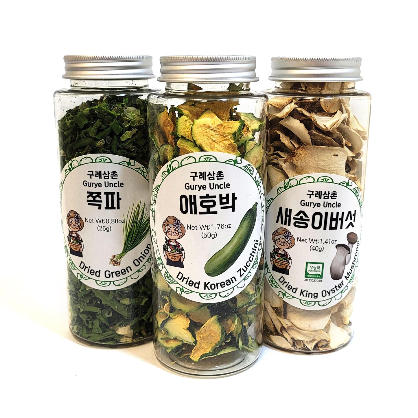 Gurye Uncle 100 Korea Natural Dehydrated Vegetable Flakes Cut  Sifted in Reclosable Bottle for Soup Ramen Topping Stirfries Salad  Pack of 3 King Oyster Mushroom Zucchini Green Onion