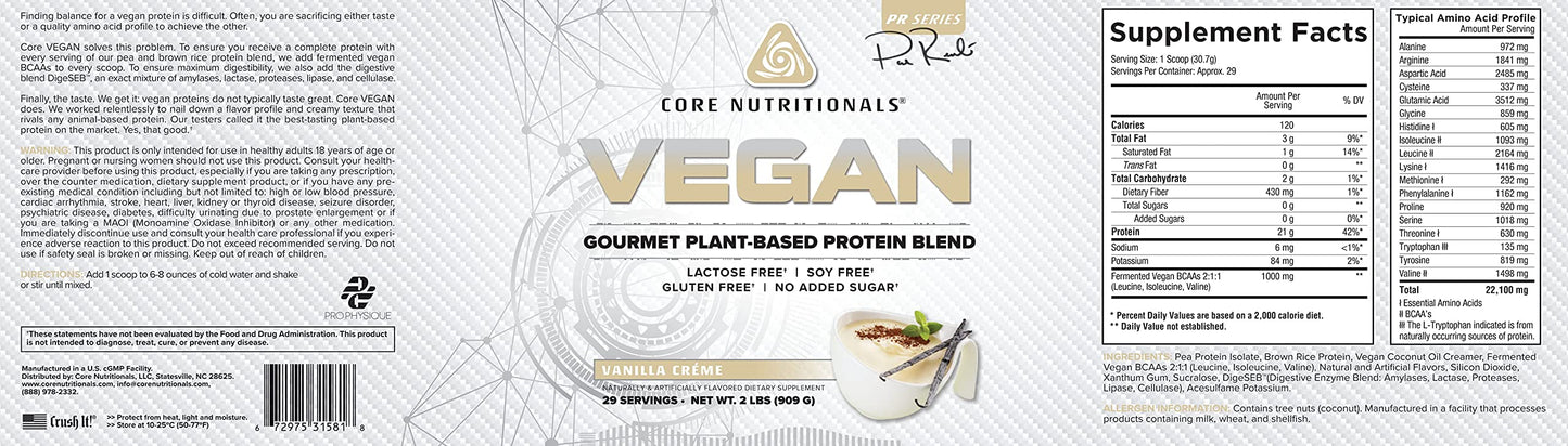 Core Nutritionals Platinum Vegan Gourmet Plant-Based Protein Blend with 21 Grams of Pea Protein, Lactose, Soy and Gluten Free (Vanilla Creme)