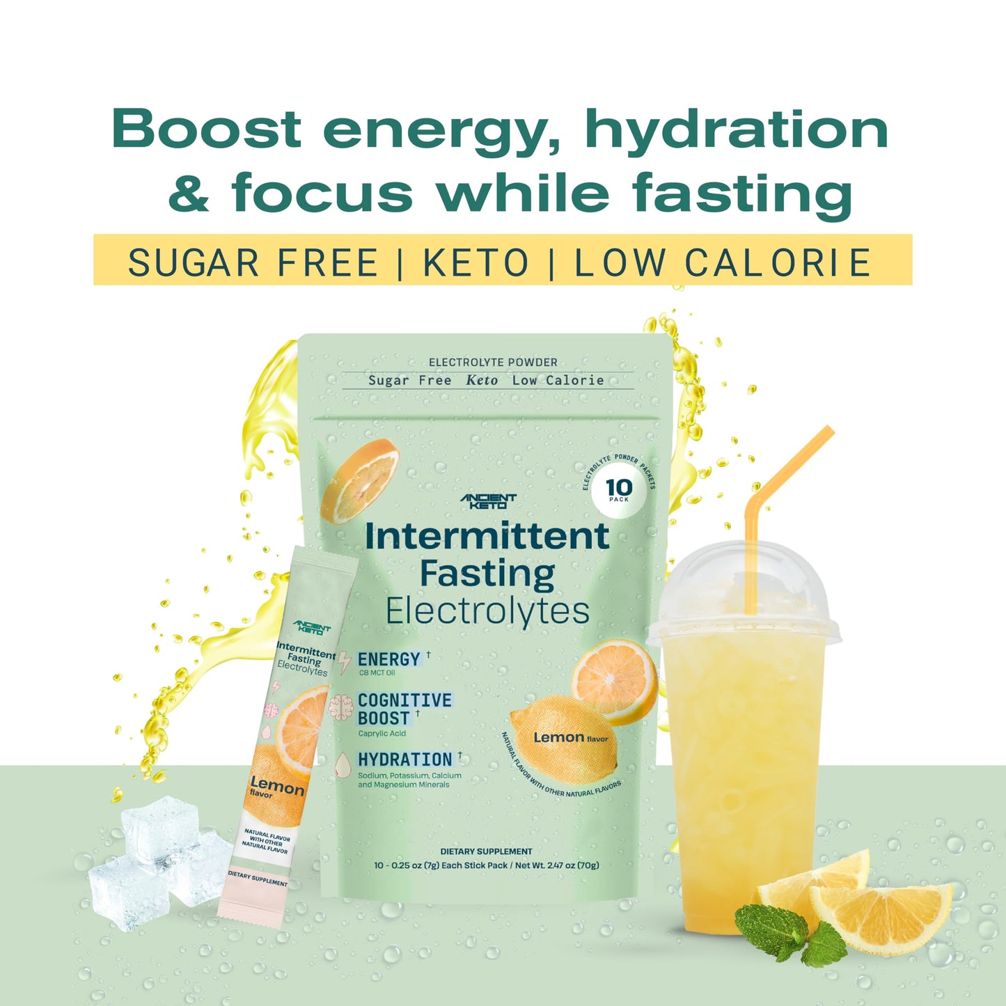Ancient Keto Fasting Electrolytes - Sugar-Free Electrolyte Powder for Intermittent Fasting - Supports Cognition, Energy, and Hydration | 10 Packets