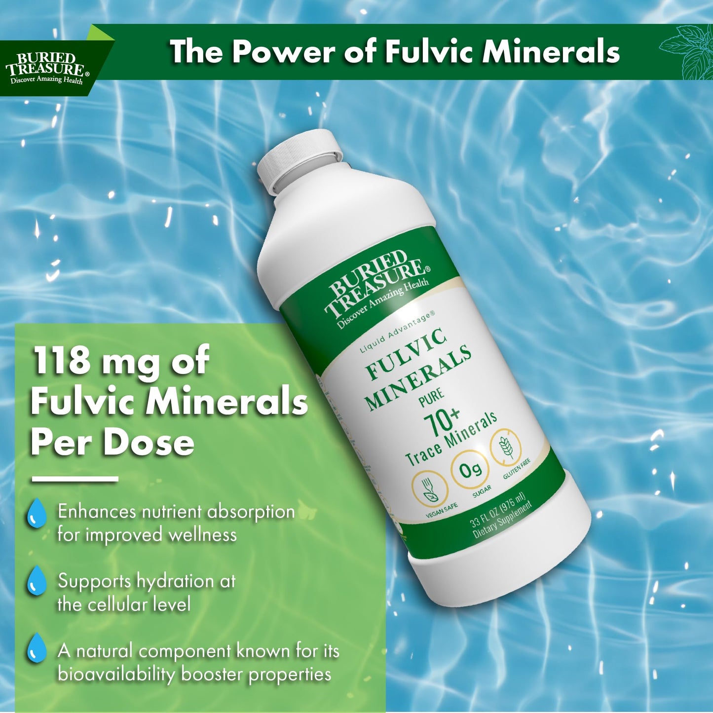 Buried Treasure Liquid Advantage FULVIC MINERALS Pure 70+ Trace Minerals 33 oz Dietary Supplement