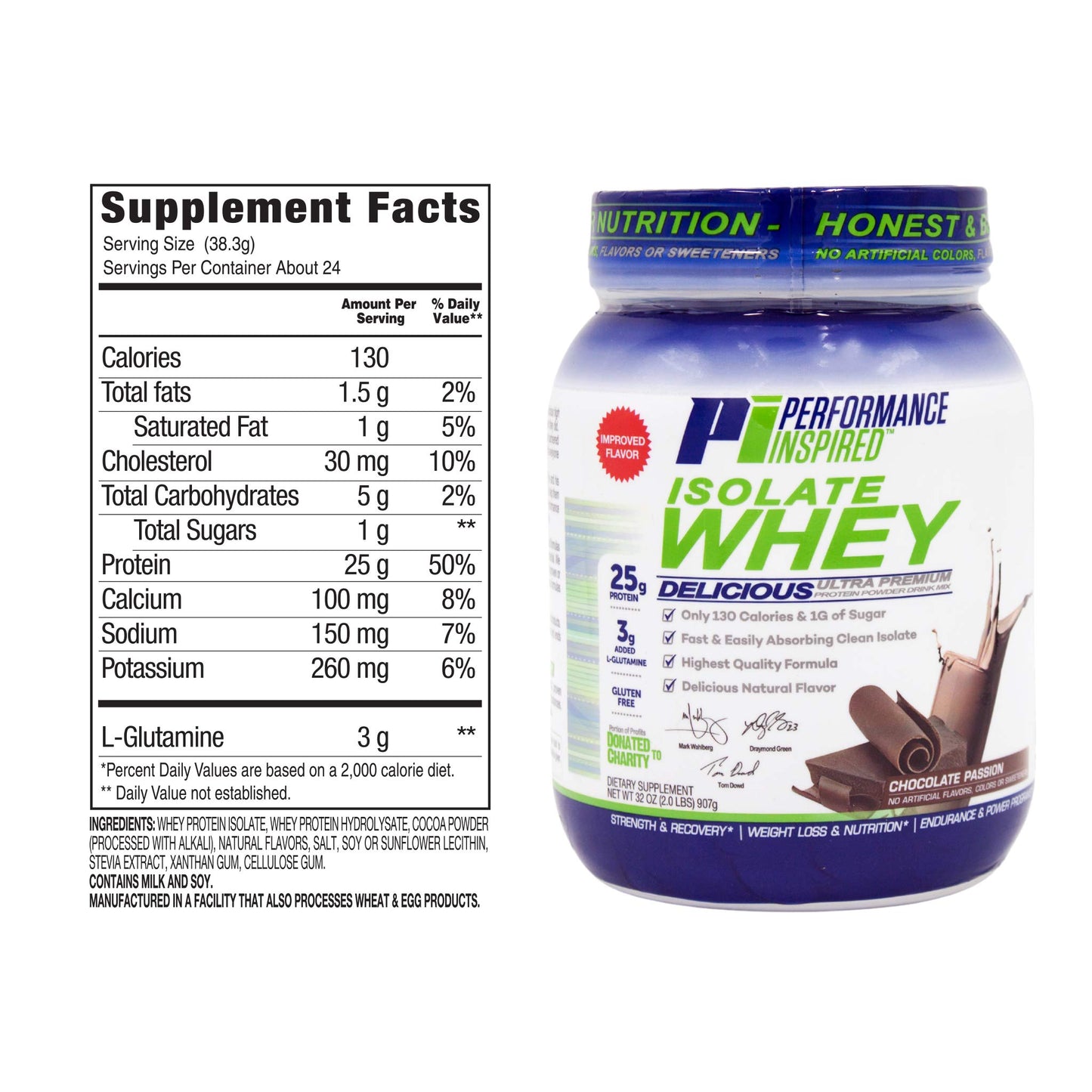 Performance Inspired Nutrition Isolate Whey Protein Powder - 25G Fast-Absorbing Protein - BCAAs & Added L-Glutamine - Clean & All-Natural - Chocolate Passion - 2 Pounds