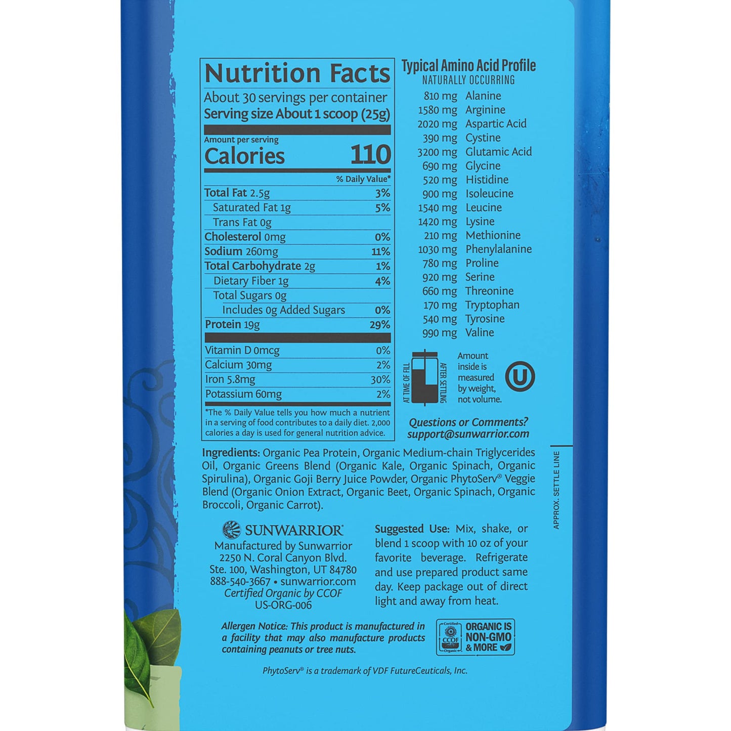 Sunwarrior Warrior Blend Protein Greens Powder Drink Mix | BCAA Plant Based Organic Hemp Seed Vegan Gluten Free Non-GMO Low Carb Protein Powder | Unflavored 750 G 30 SRV