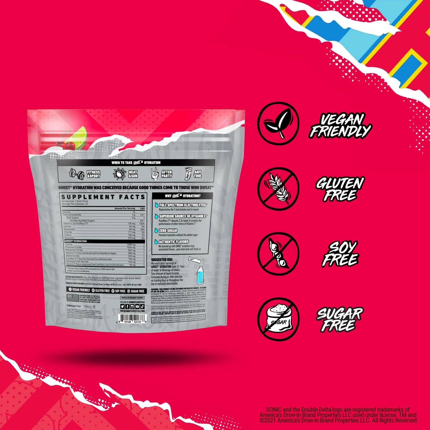 GHOST Hydration Packets, Sonic Cherry Limeade, 24 Sticks, Electrolyte Powder - Drink Mix Supplement with Magnesium, Potassium, Calcium, Vitamin C - Vegan Friendly, Free of Soy, Sugar & Gluten