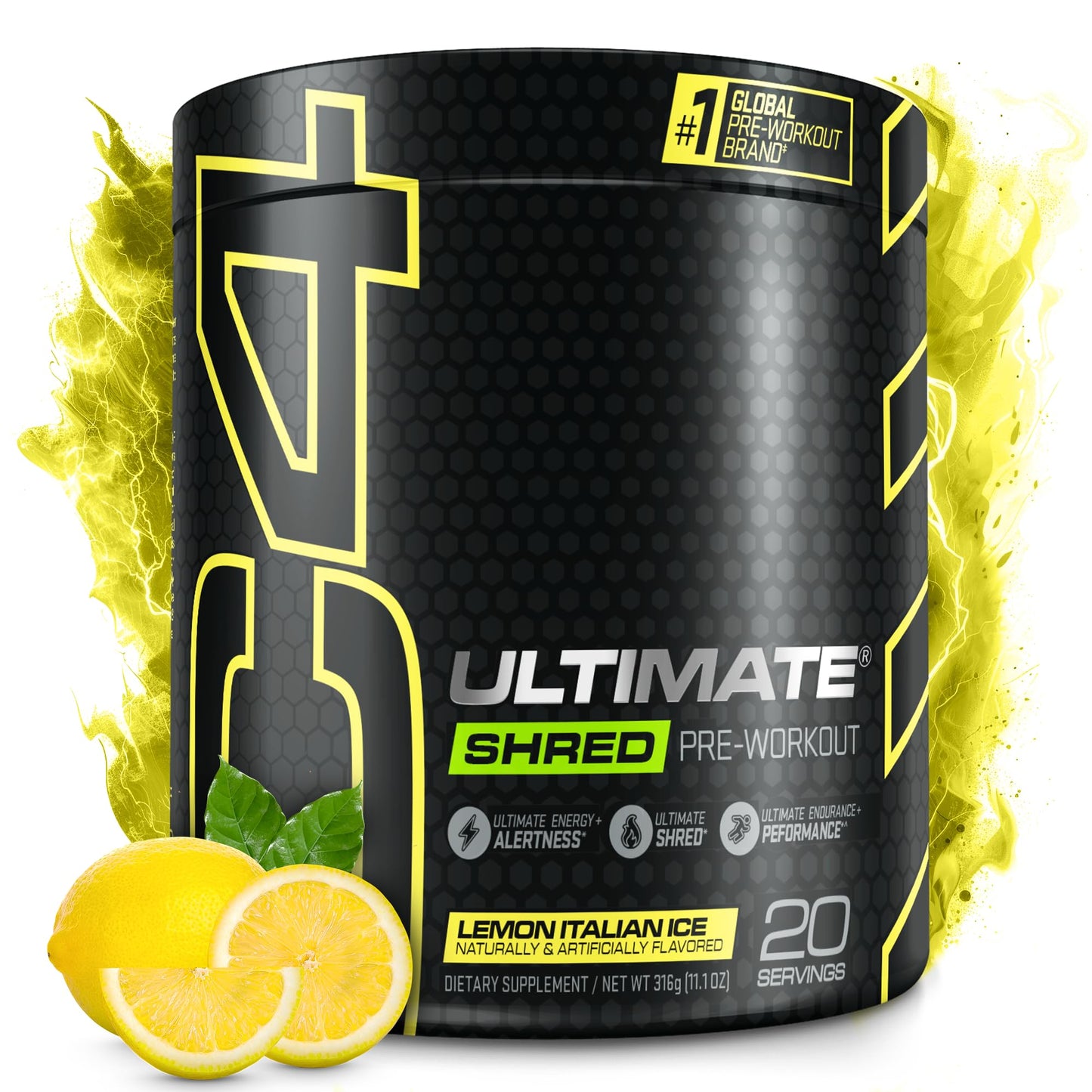 Cellucor C4 Ultimate Shred Pre Workout Powder for Men & Women, Metabolism Supplement with Ginger Root Extract, Lemon Italian Ice, 20 Servings (Pack of 1)
