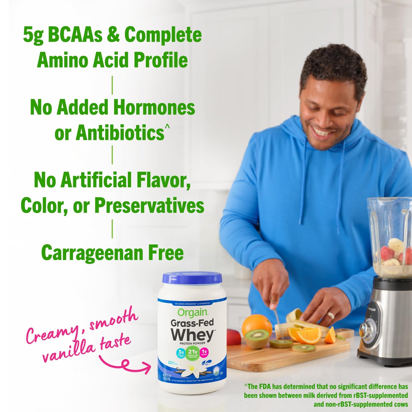 Orgain Whey Protein Powder, Vanilla Bean- 21g Grass Fed Dairy Protein, 5g BCAAs, 3g Prebiotic Fiber, No Sugar Added, No Added Hormones, Gluten Free, Kosher, For Shakes & Smoothies - 1.82lb