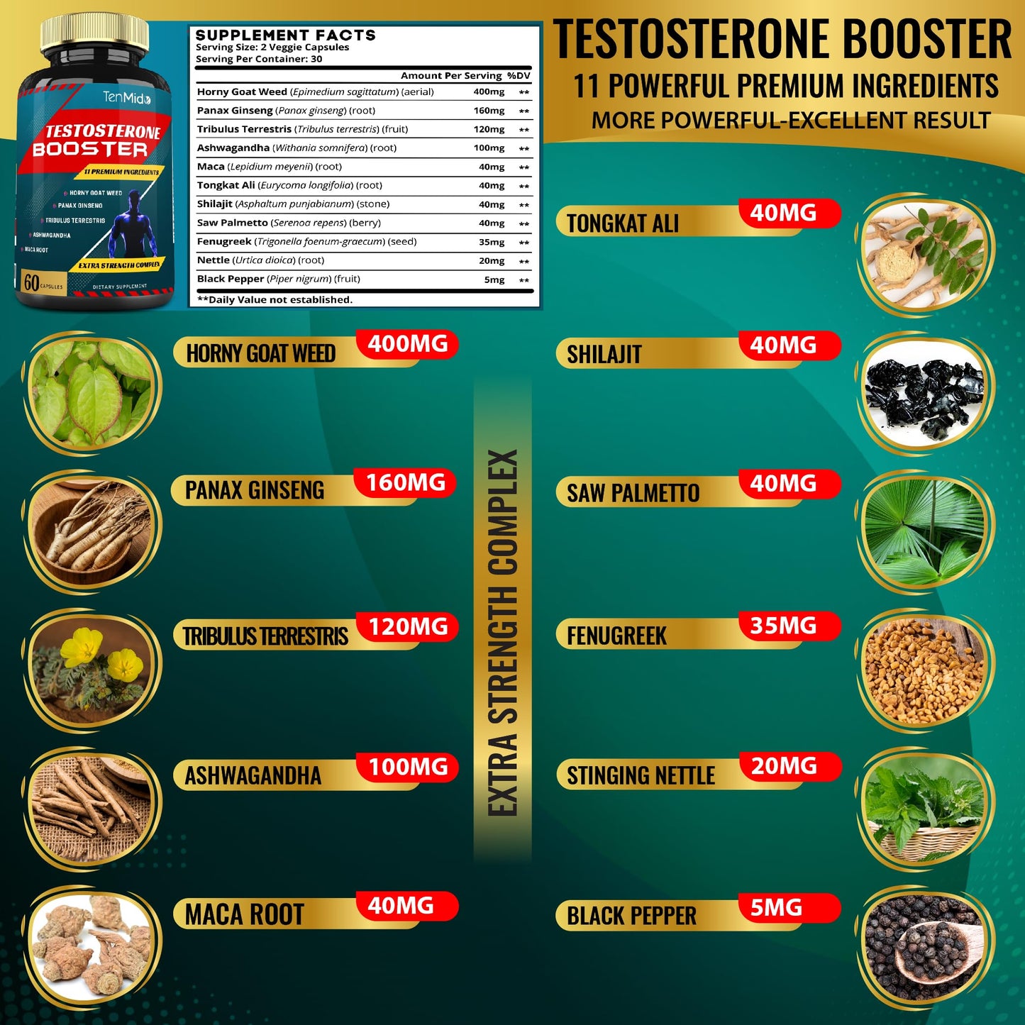 Tenmido 2 Packs of 60caps Testosterone Supplements Booster for Men - Natural Stamina, Endurance & Strength Supplement - Muscle Building Growth, Increasing Performance, Energy