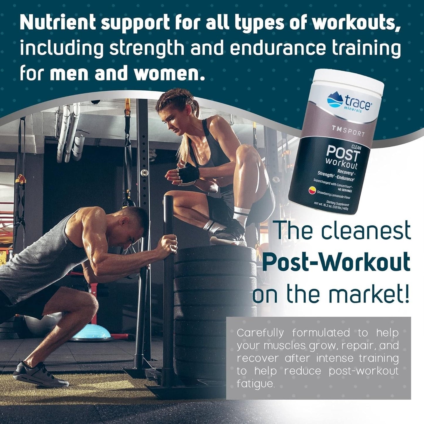 Trace Minerals | TMRFIT Series Clean Post Workout Canister Supplement | Supports Muscle Recovery and Strength | Gluten Free, Certified Vegan, Non-GMO | Strawberry Lemonade | 16.2 Oz