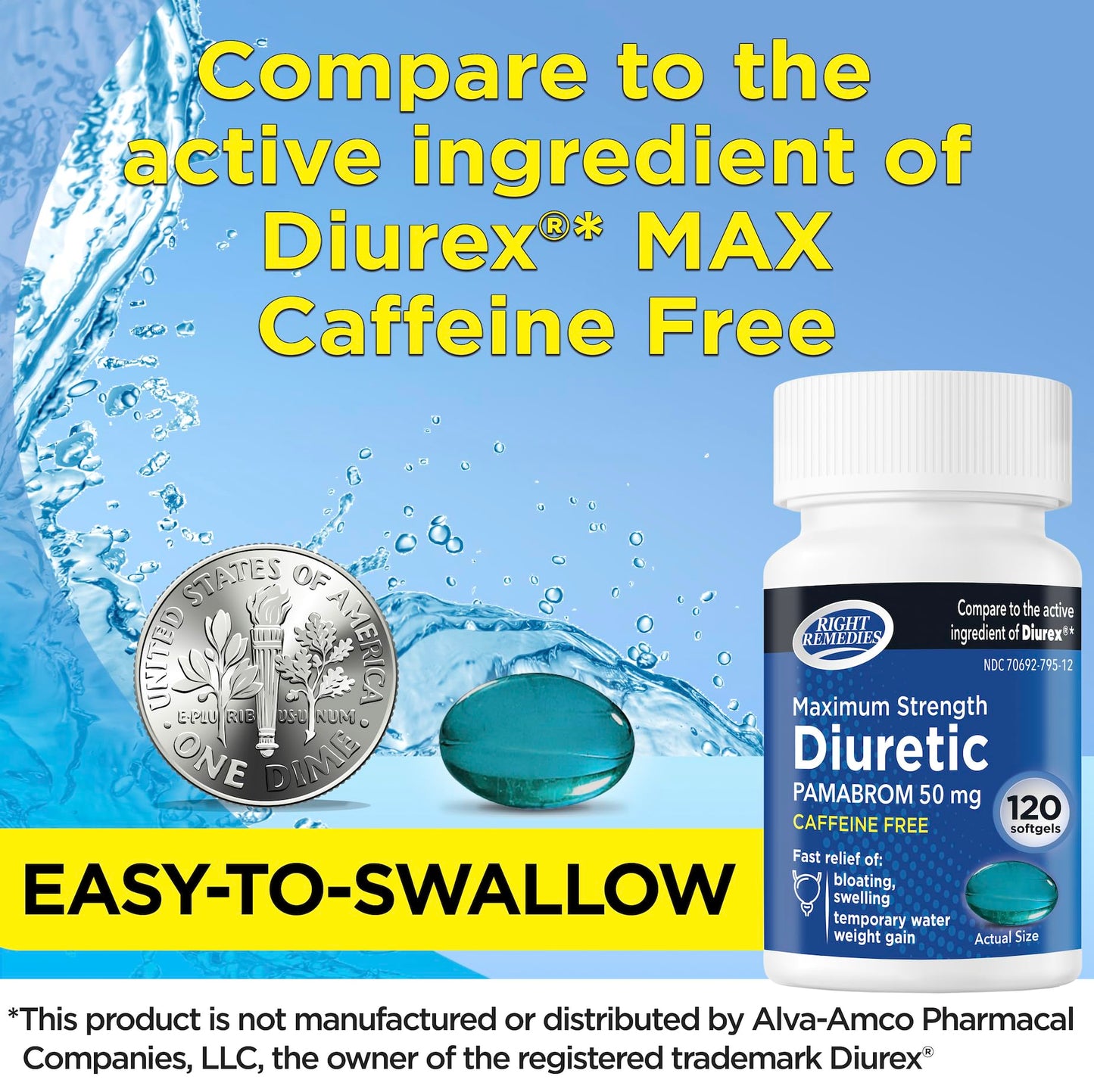 RIGHT REMEDIES Maximum Strength Caffeine-Free Diuretic Softgels, (120 Softgels), Pambrom 50mg, Helps Relieve Heaviness Due to Water Weight gain