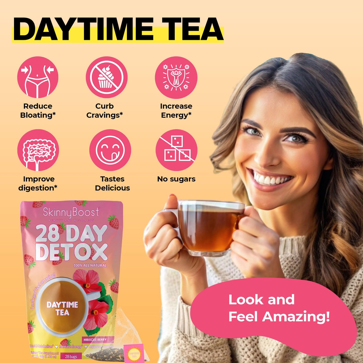 SkinnyBoost 28 Day Detox Daytime Tea -Hibiscus Berry (28 Tea Bags) Supports Metabolism Boost, Detox, All Natural, Non GMO, Vegan, Keto Friendly