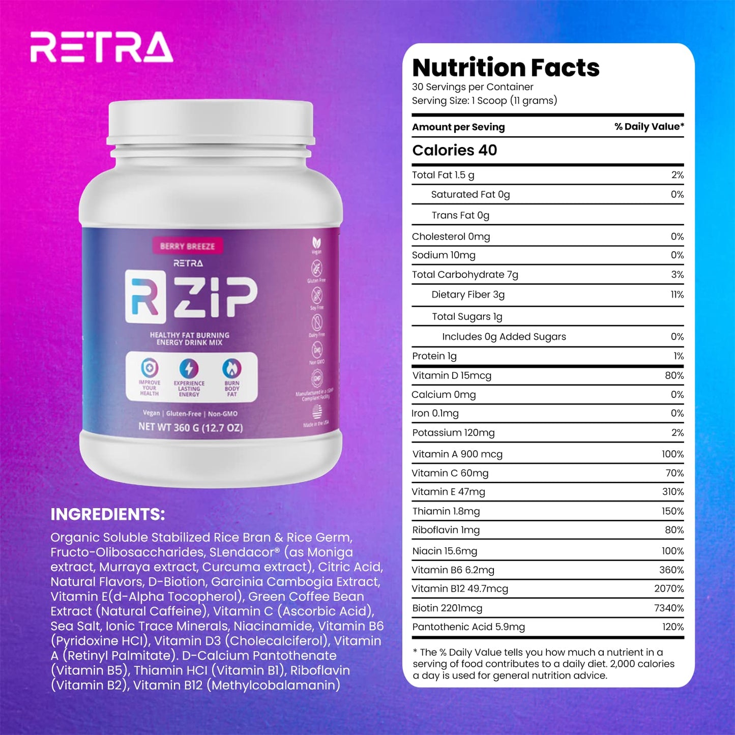 RETRA Zip Canister - Vegan and Gluten-Free Energy Drink Mix, Supports Immune System, Gut Health - Berry Breeze Flavor - 12.07 Ounce