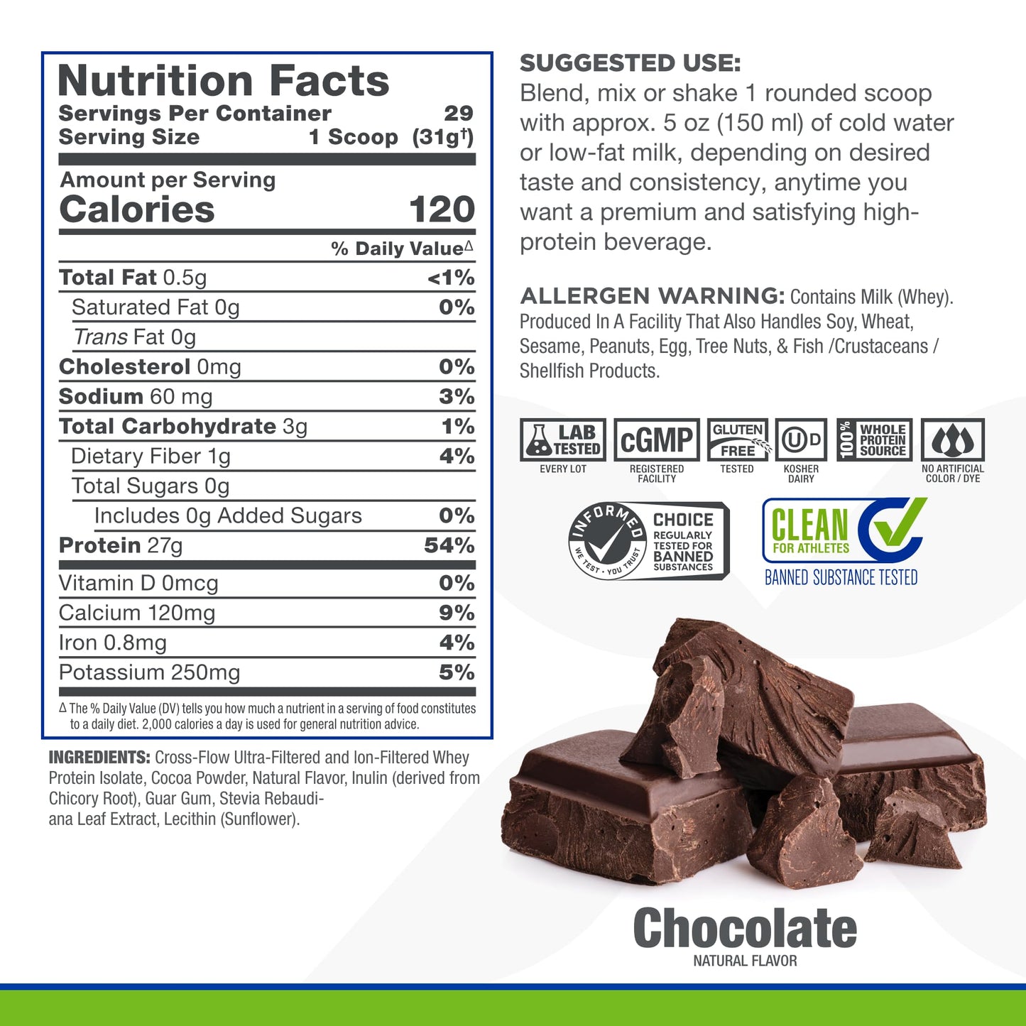 ALLMAX Nutrition ISONATURAL Whey Protein Isolate, Chocolate - 2 lb - 27 Grams of Protein Per Scoop - Zero Fat & Sugar - 99% Lactose Free - with Prebiotics - No Artificial Flavors - 29 Servings