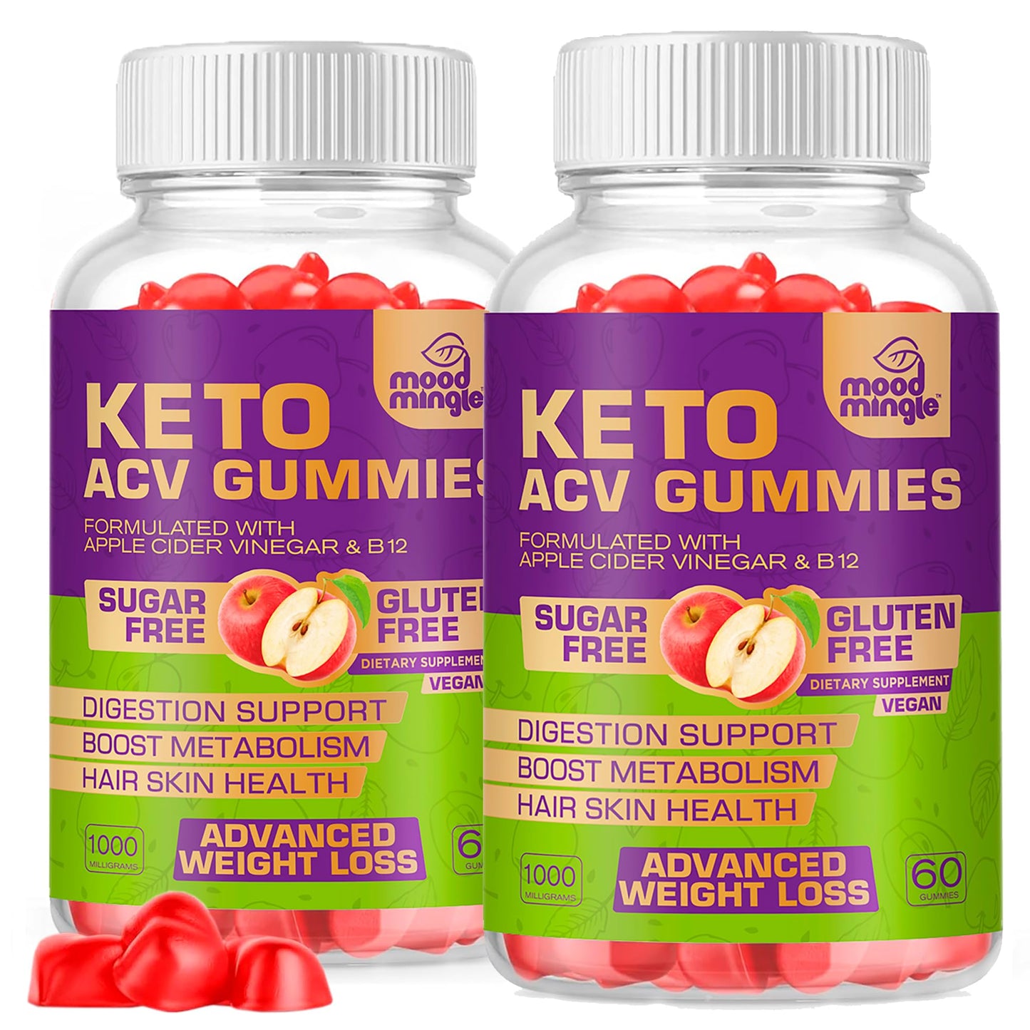 Keto ACV Gummies Gluten & Sugar-Free Apple Cider Vinegar Gummies for Advanced Weight Loss - Rapid Fat Burner Diet Supplement for Women Men - 60 Gummies (1000MG)