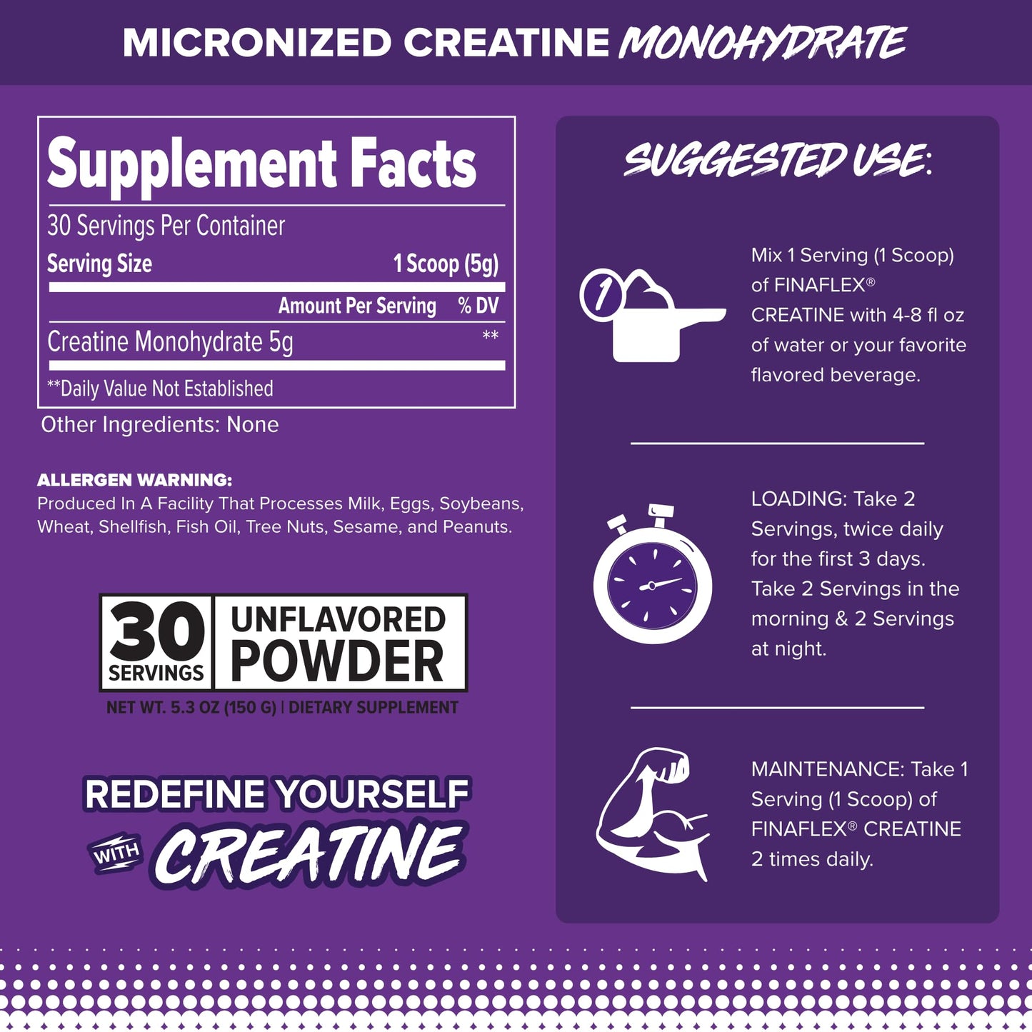 FINAFLEX Pure CREATINE, Unflavored - 5.3 oz - Promotes Muscular Strength, Size & Performance - 100% Pure, Micronized Creatine Monohydrate - 30 Servings