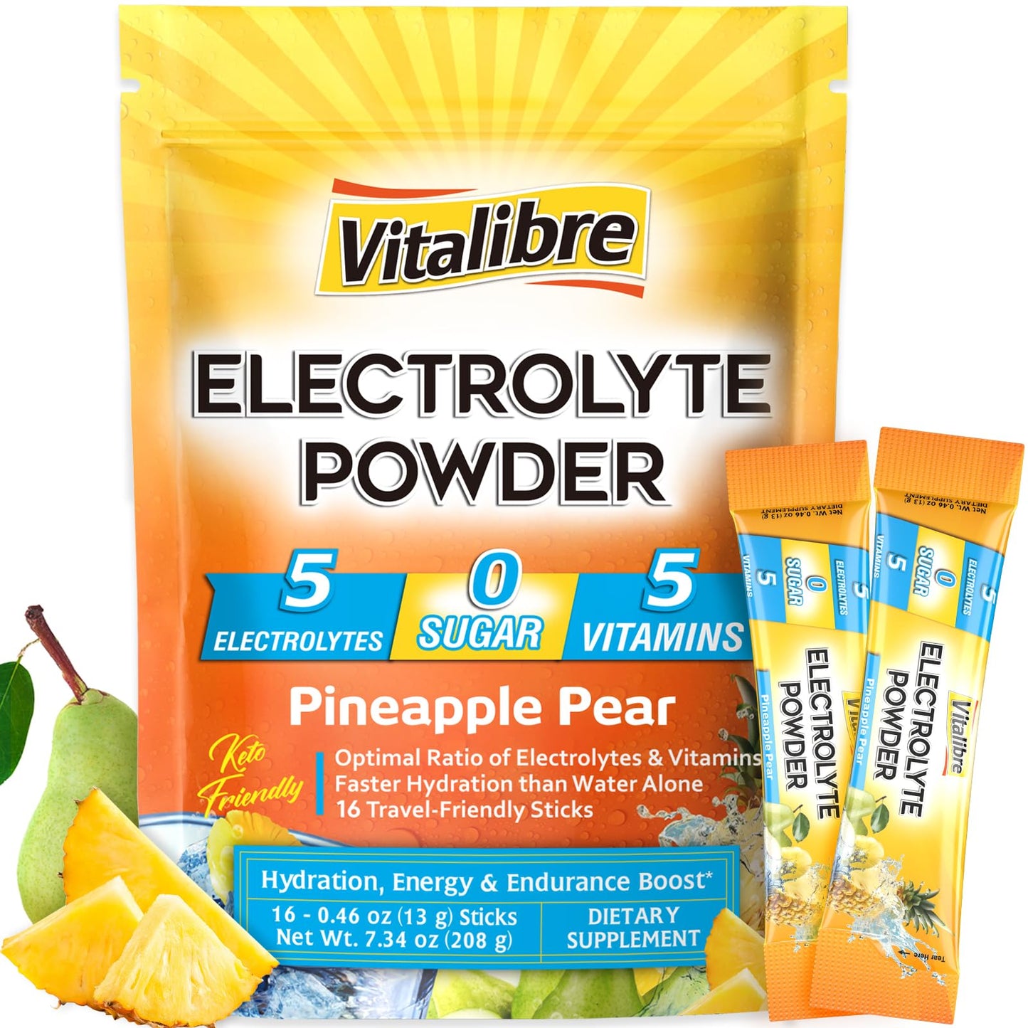 Vitalibre Electrolytes Powder Packets | Magnesium, Potassium, Sodium, Vitamin C | for Rapid Hydration | Zero Sugar & Keto | 16 Stick Packs | Pineapple Pear Flavor