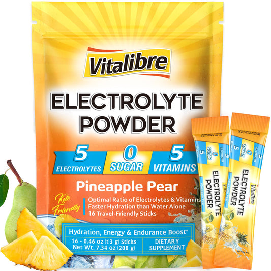 Vitalibre Electrolytes Powder Packets | Magnesium, Potassium, Sodium, Vitamin C | for Rapid Hydration | Zero Sugar & Keto | 16 Stick Packs | Pineapple Pear Flavor
