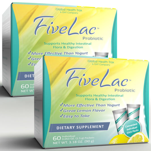 Global Health Trax GHT - FiveLac Lemon Probiotic Powder Drink Mix, Probiotics for Women, Men & Kids - Smooth Digestive Support & Elimination - Relieves Constipation & Gas - 60 Packets (2 Pack) Non-GMO