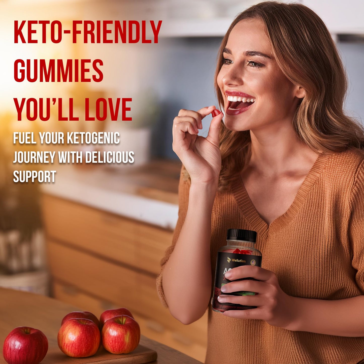 WELLUTION Apple Cider Vinegar Gummies - 1000mg ACV, Vitamin B12, Folate & Antioxidants for Energy, Digestion, Weight Management & Overall Health - 60 Vegan Gummies