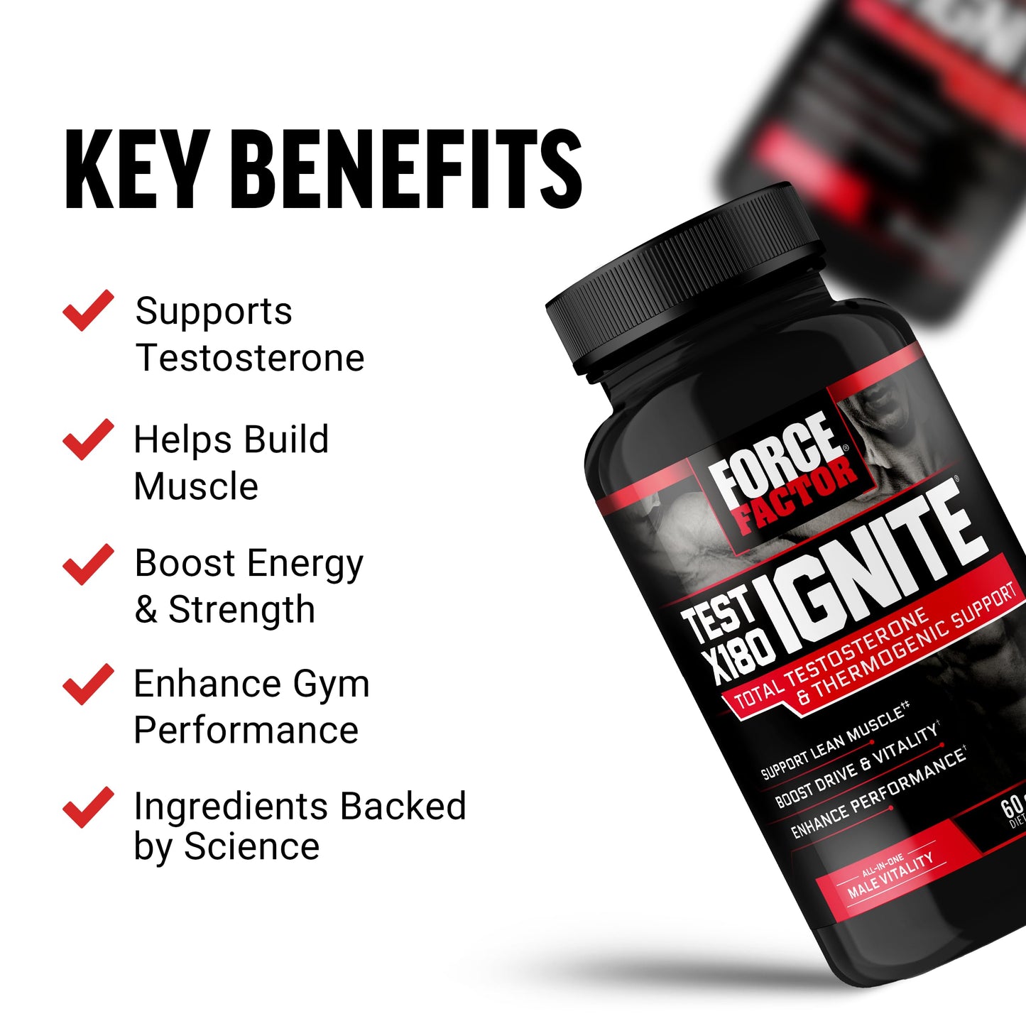 FORCE FACTOR Test X180 Ignite Total Testosterone Booster for Men with Fenugreek Seed and Green Tea Extract to Build Lean Muscle, Boost Energy, and Improve Performance, 60 Count