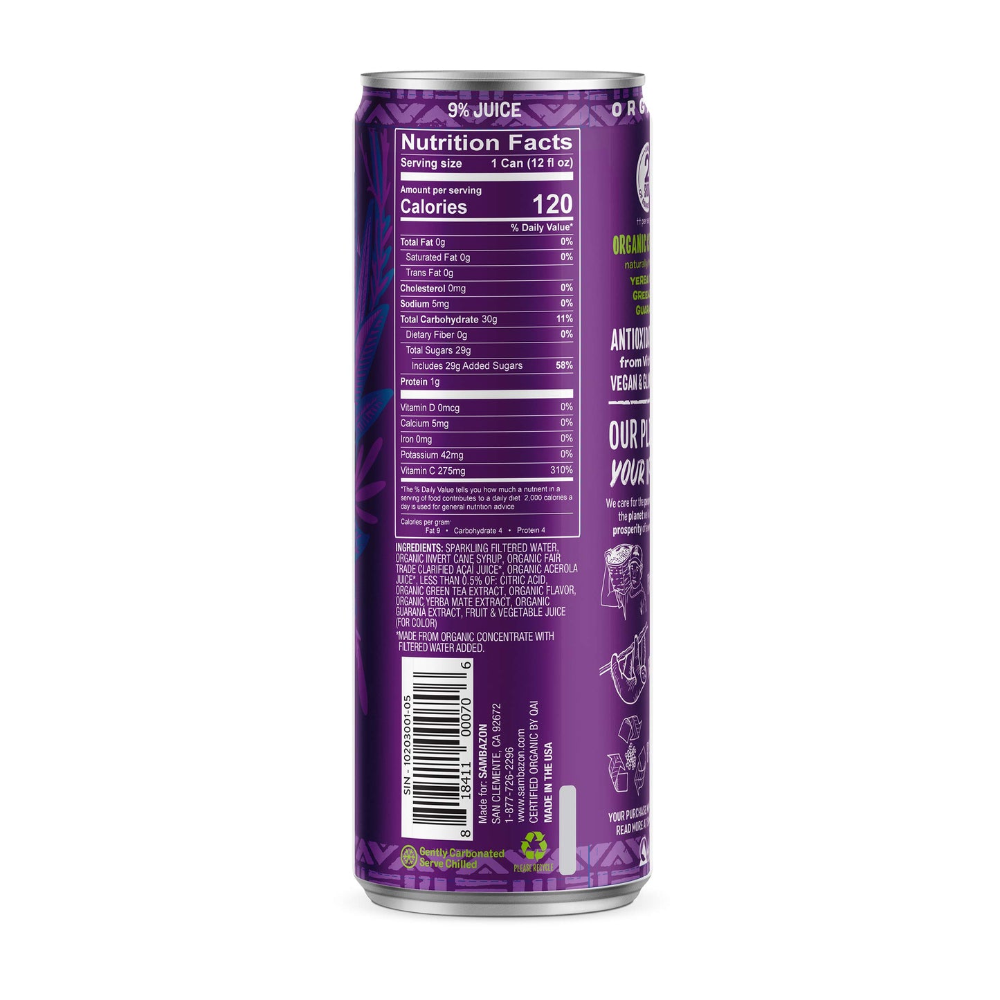 SAMBAZON Organic Sparkling Amazon Energy Drink Original Acai Berry Flavor 12 Ounce Pack of 12 Natural Caffeine Vitamin C Vegan NonGMO Kosher