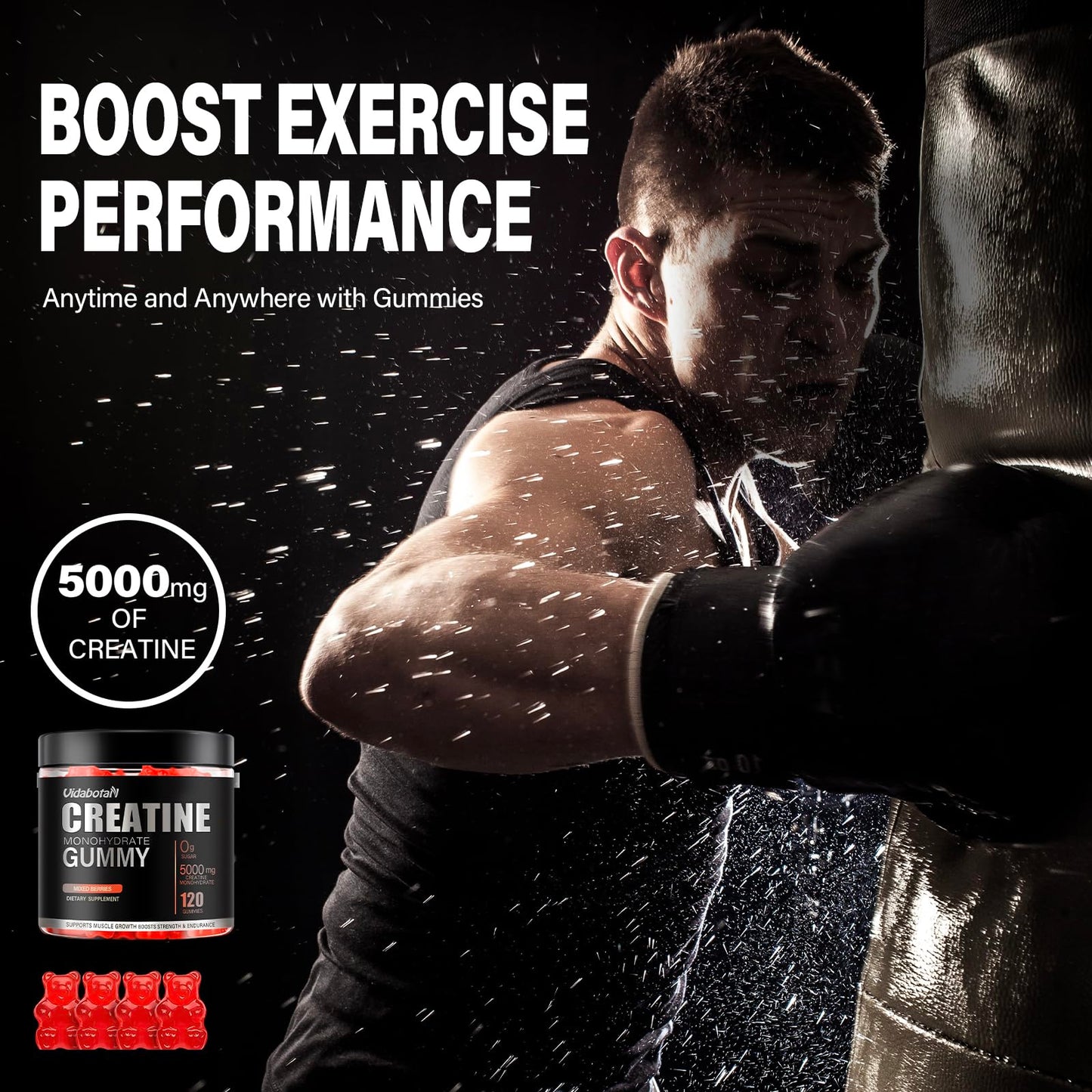 Sugar Free Creatine Monohydrate Gummies 5000mg for Men & Women- Chewables Creatine Monohydrate with L-Taurine, B6, B12 for Muscle Growth and Strength, Vegan, Natural Mixed Berry Flavor, 120 Count