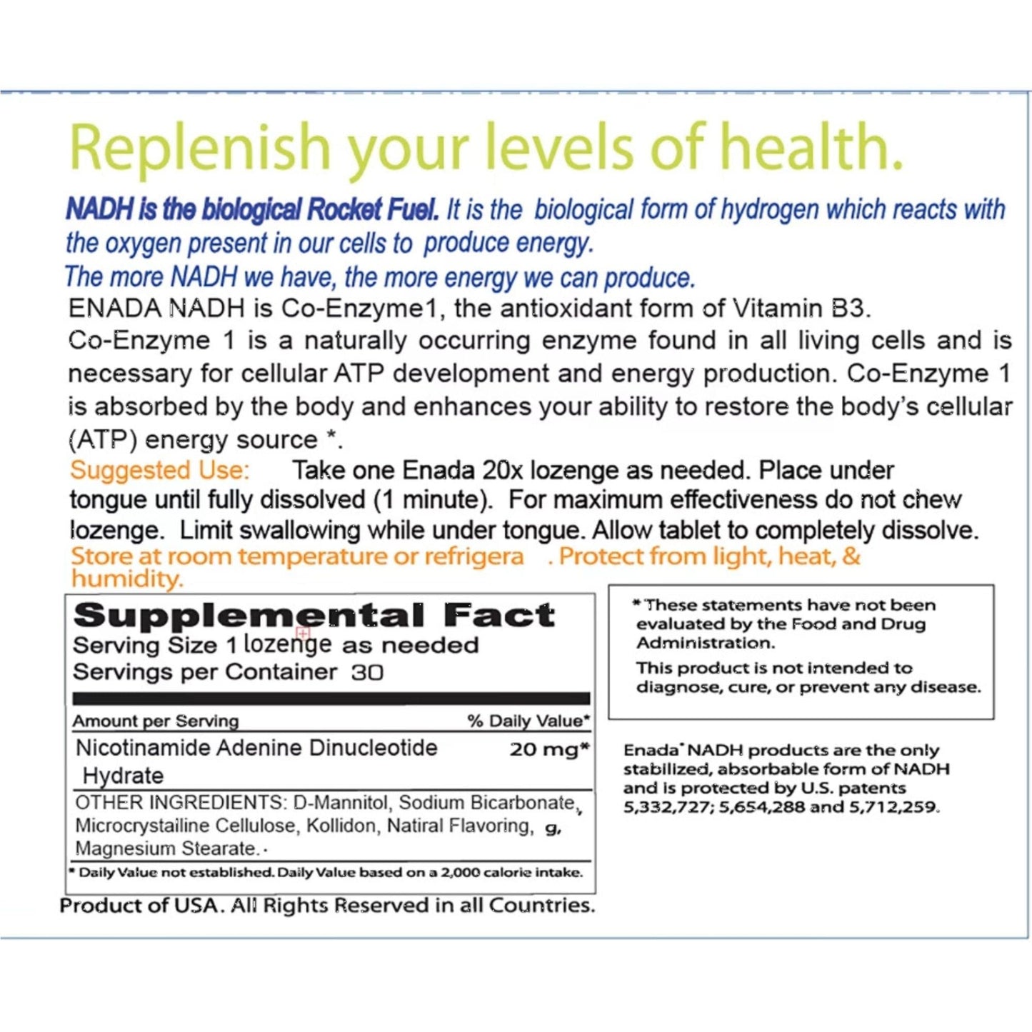 ENADA 20 x NADH Supplement | Boost Energy, Mental Focus, Stamina | Support Fatigue, Cell Regenerator | 20mg NADH 30 Lozenges (1 per serving) | Natural Energy Supplements for Women and Men