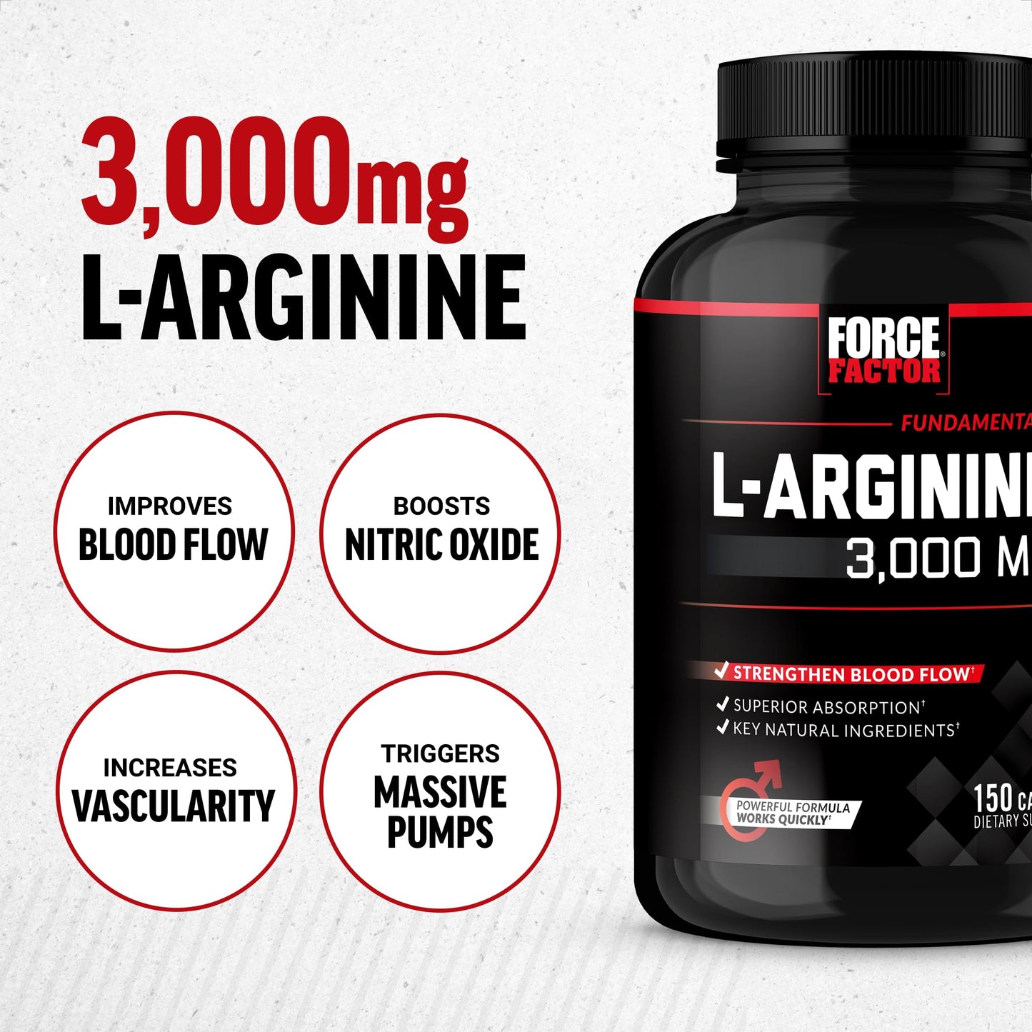 FORCE FACTOR L-Arginine Nitric Oxide Supplement with BioPerine to Help Build Muscle and Support Stronger Blood Flow, Circulation, Nutrient Delivery, and Pumps, L-Arginine 3000mg, 3g, 150 Capsules