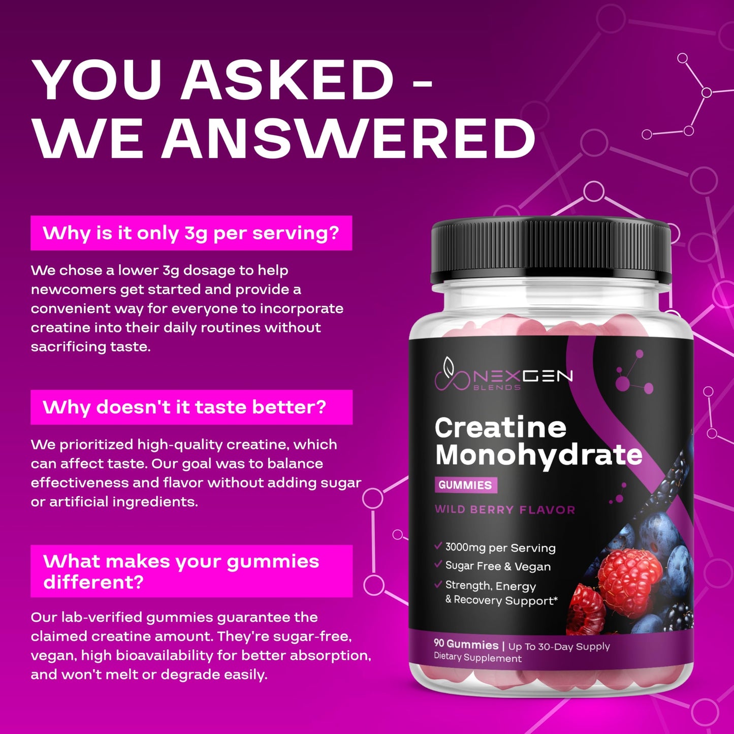 Sugar Free Creatine Monohydrate Gummies - Vegan Creatine Gummies for Women & Men with 3000mg per 3 Creatine Chews Supports Energy & Recovery - Gluten Free & Non-GMO - Wild Berry Flavor (30 Servings)