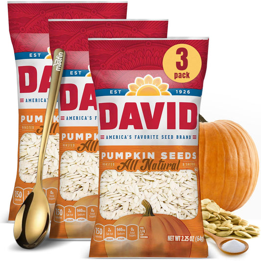DAVID Pumpkin Seeds Roasted Salted 225 oz with Moofin Golden SS Spoon Healthy  Delicious Snack High in Protein Fiber  Healthy Fats Low in Calories Ideal for Any Time Snacking Pack of 3