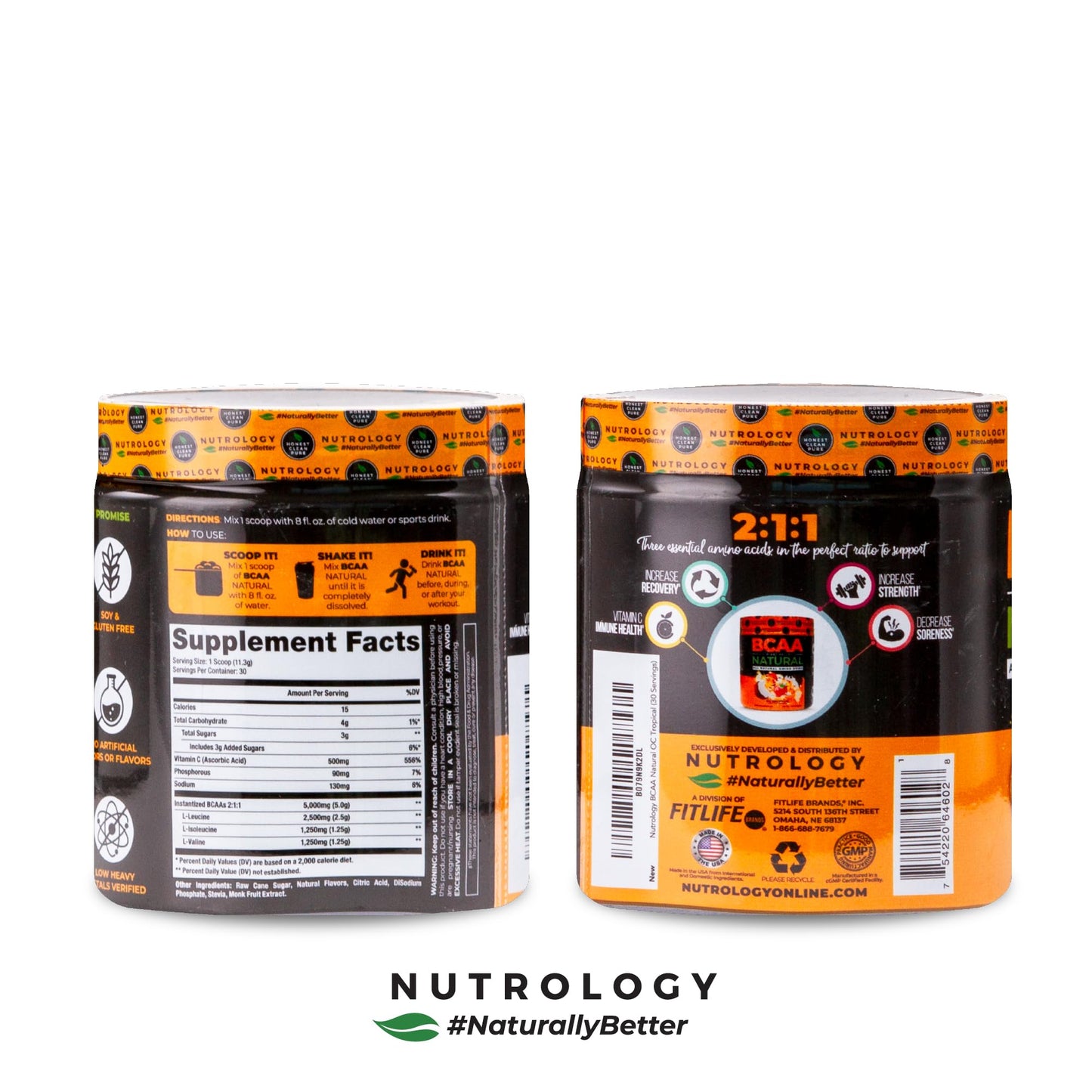 Nutrology BCAA Natural - Plant Based BCAA Powder, Orange Coconut Flavor, Optimized 2:1:1 Ratio Amino Acids Powder for Pre Workout & Post Workout Recovery, Vegan, Gluten-Free, Non-GMO, 30 Servings