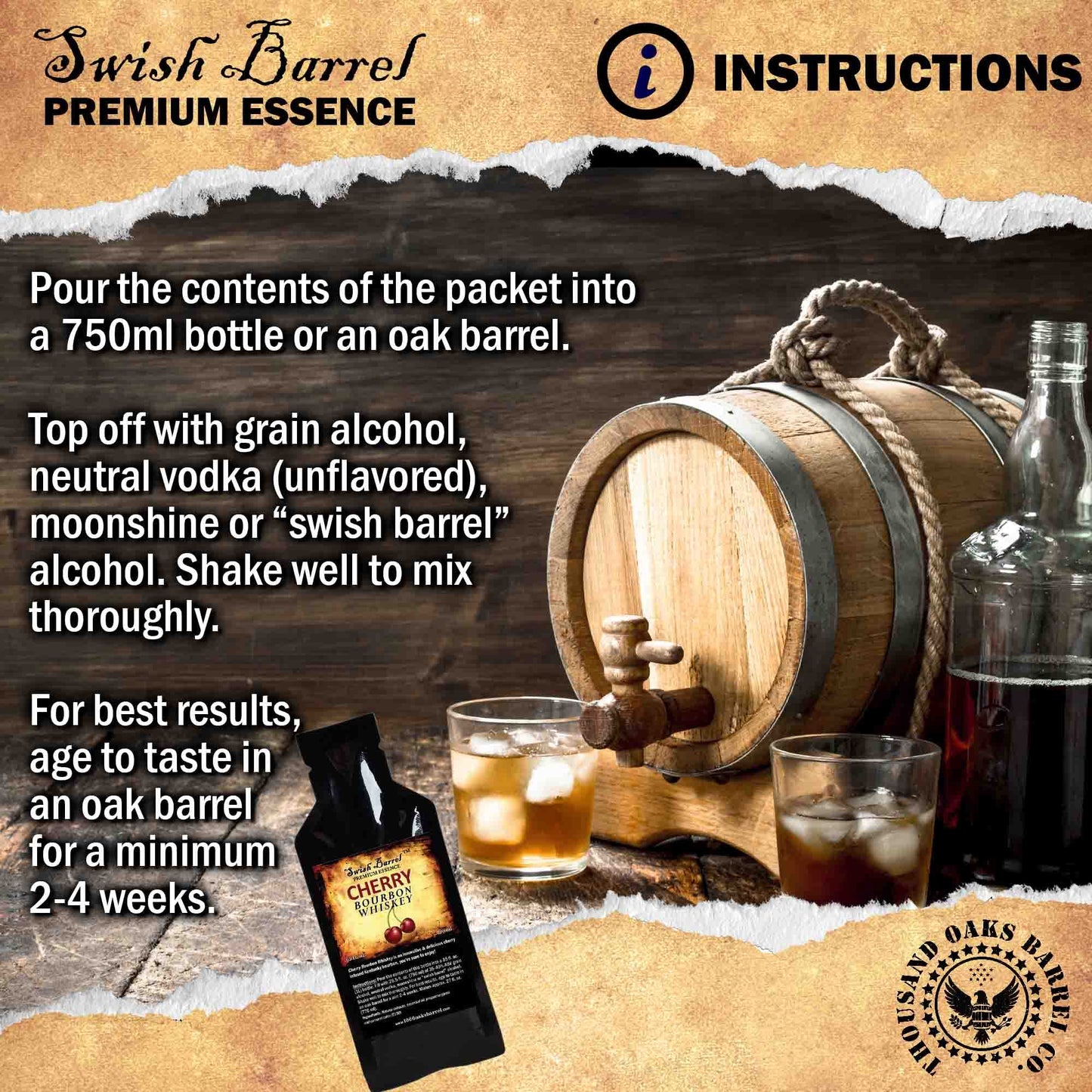 Cherry Bourbon Whiskey Essence  Bootleg Kit Refills  Thousand Oaks Barrel Co  Gourmet Flavors for Cocktails Mixers and Cooking  20ml 65oz Packet
