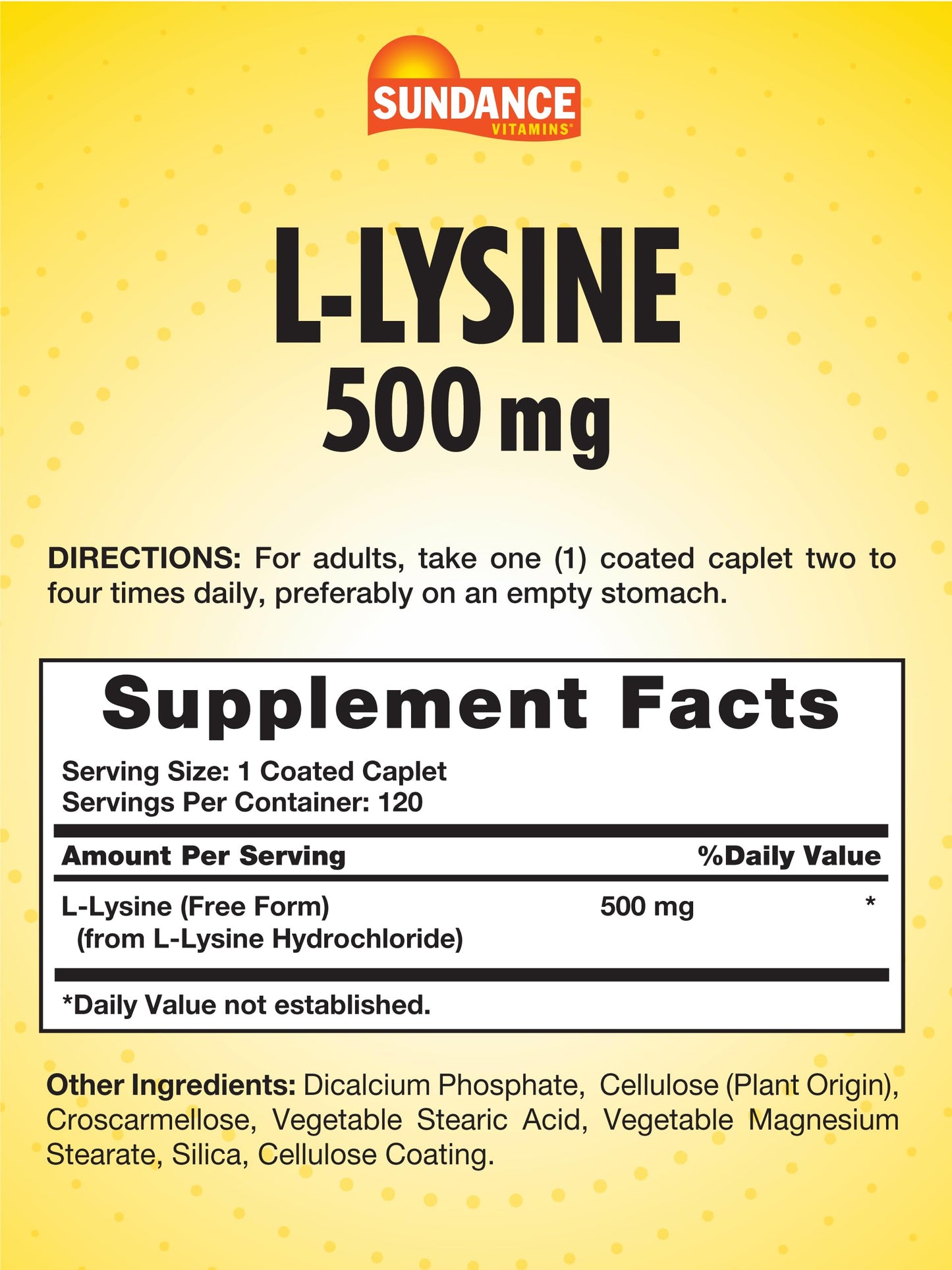 Sundance L-Lysine 500mg | 120 Caplets | Free Form Amino Acid | Vegetarian, Non-GMO, and Gluten Free Supplement