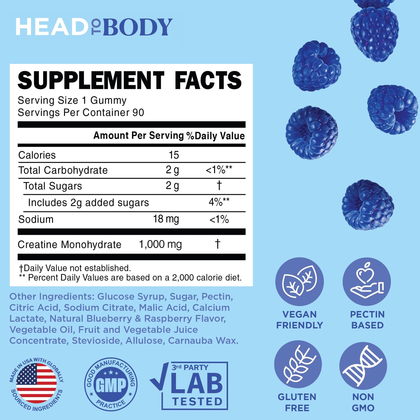 HEADTOBODY Vegan Creatine Gummies - Non-Melting 1000mg Monohydrate Chewables for Strength, Muscle, Focus, Endurance - Non-GMO Creatine Supplements for Men & Women - Blue Raspberry, 90 Count