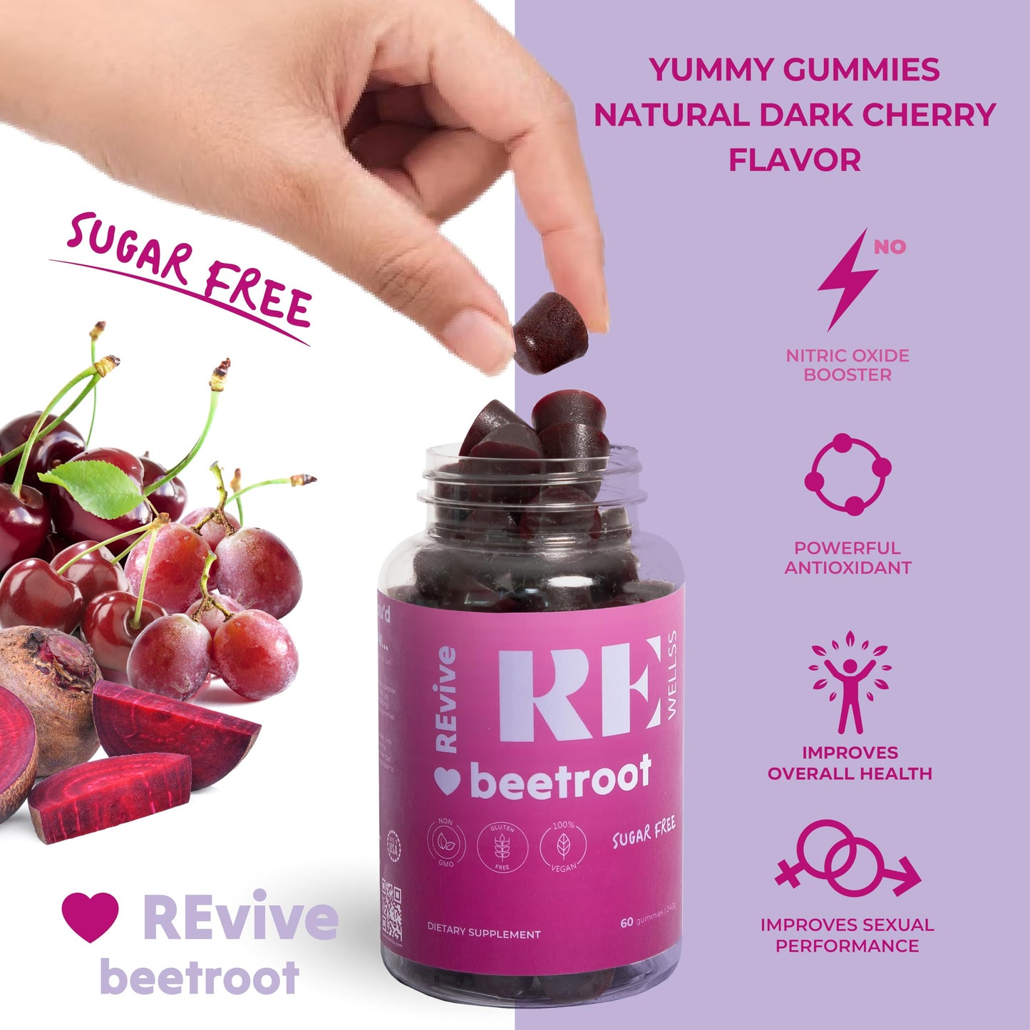 REWELLSS Beet Root Gummies with Grape Seed Extract Energy Supplements I Sugar Free Nitric Oxide Supplements for Men & Women I Overall Health & Blood Pressure Support I 60 Gummies - Cherry Flavor