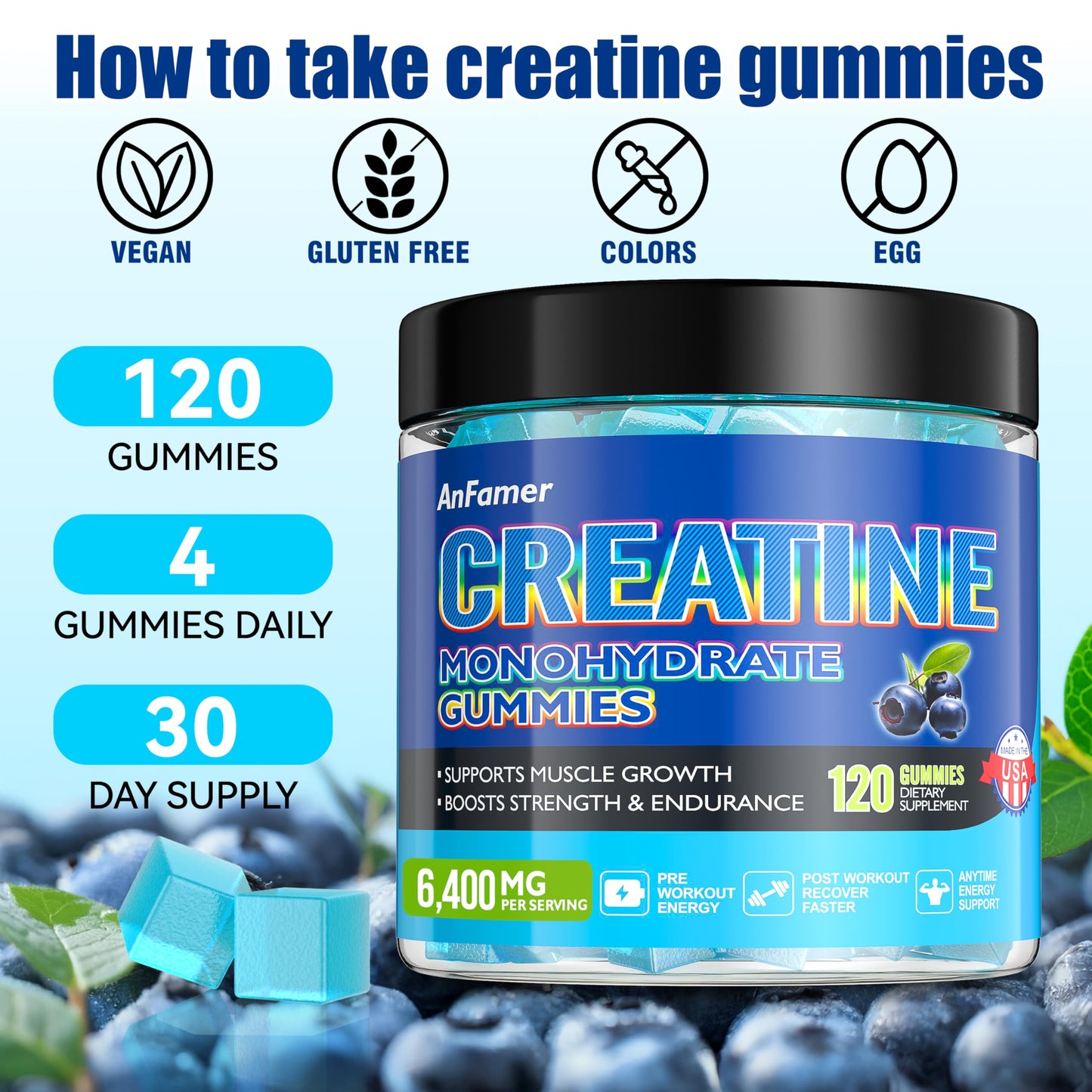 Creatine Monohydrate Gummies for Men & Women, Increase Strength and Build Muscle, Energy & Booty Gain, Preworkout Supplement, Sugar Free, Vegan, Chewables Blueberry Flavor-120 Count
