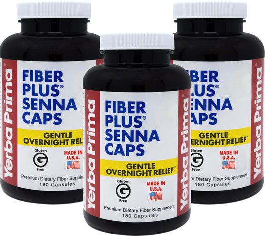 Yerba Prima Fiber Plus Senna Capsules, 180 Count (3 Pack) - Gentle Overnight Relief, USA Made, Non-GMO, Gluten-Free