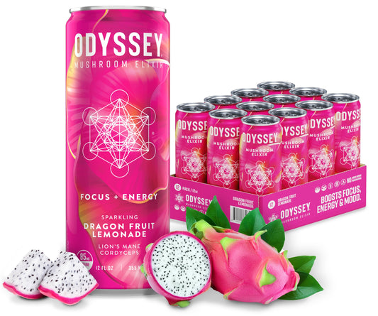 Odyssey Elixir Sparkling Adaptogen Drink Low Calorie Drinks L Theanine Lions Mane Cordyceps  Green Tea Caffeine for Energy  Focus NonGMO Vegan Dragon Fruit Lemonade Flavor 12 Fl oz 12 Pack