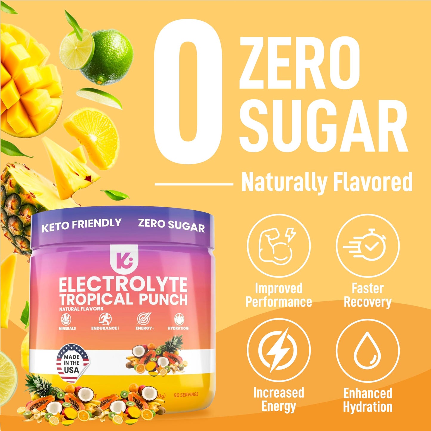 Keppi Keto Electrolytes Powder No Sugar - Sugar Free Electrolytes - Made in USA - Advanced Hydration, Performance & Recovery - Delicious Tropical Flavor - Mixes Easily No Clumps
