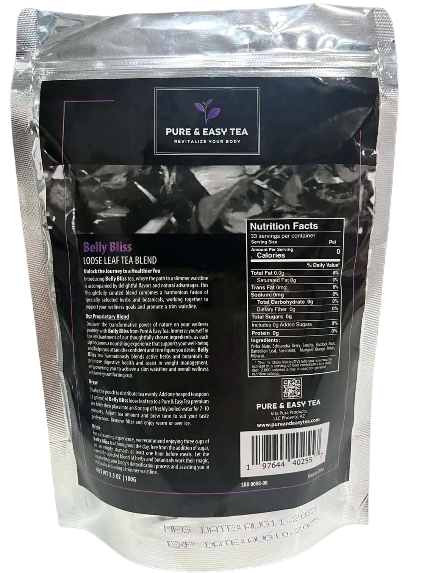 Pure And Easy Tea, Belly Bliss, Cleanse & Detox Tea, Supports Healthy Weight, Helps Reduce Bloating, 30 Day Supply, 100g/3.5oz