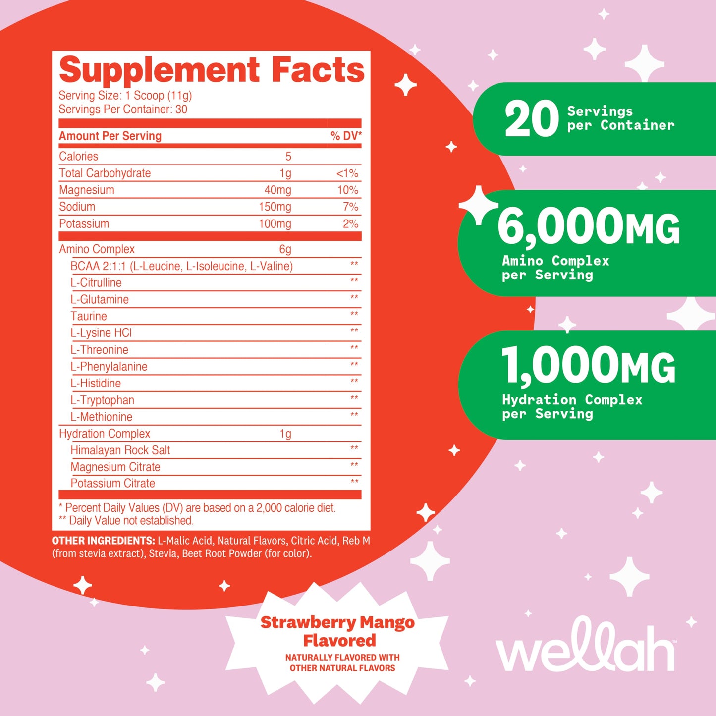 Wellah So Long Soreness BCAA Powder (Strawberry Mango Flavored) 30 Servings - with Hydration Complex