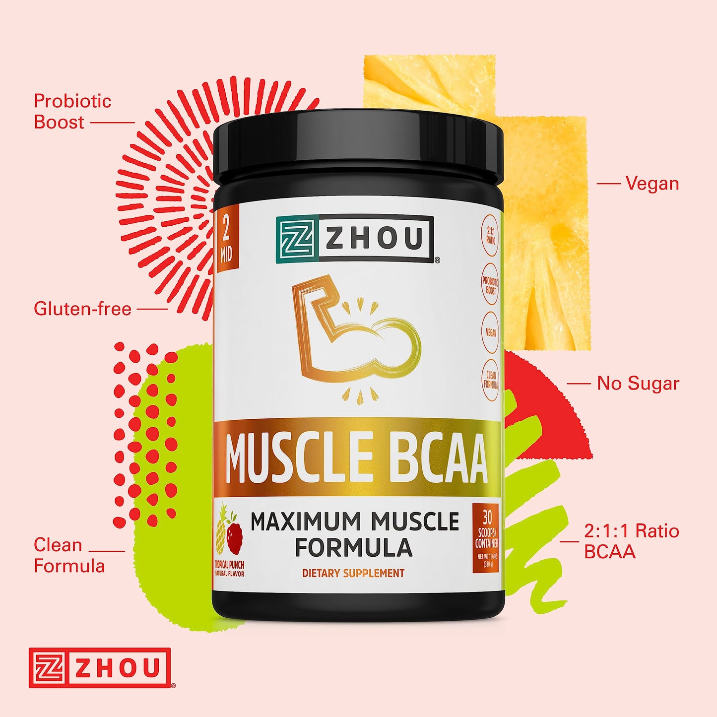 Zhou Nutrition Muscle BCAA Powder, Vegan Muscle Recovery, Natural, Clean Formula for Optimal Absorption, Probiotic Boost, Vitamin C, Gluten and Sugar Free, Tropical Punch, 30 Servings