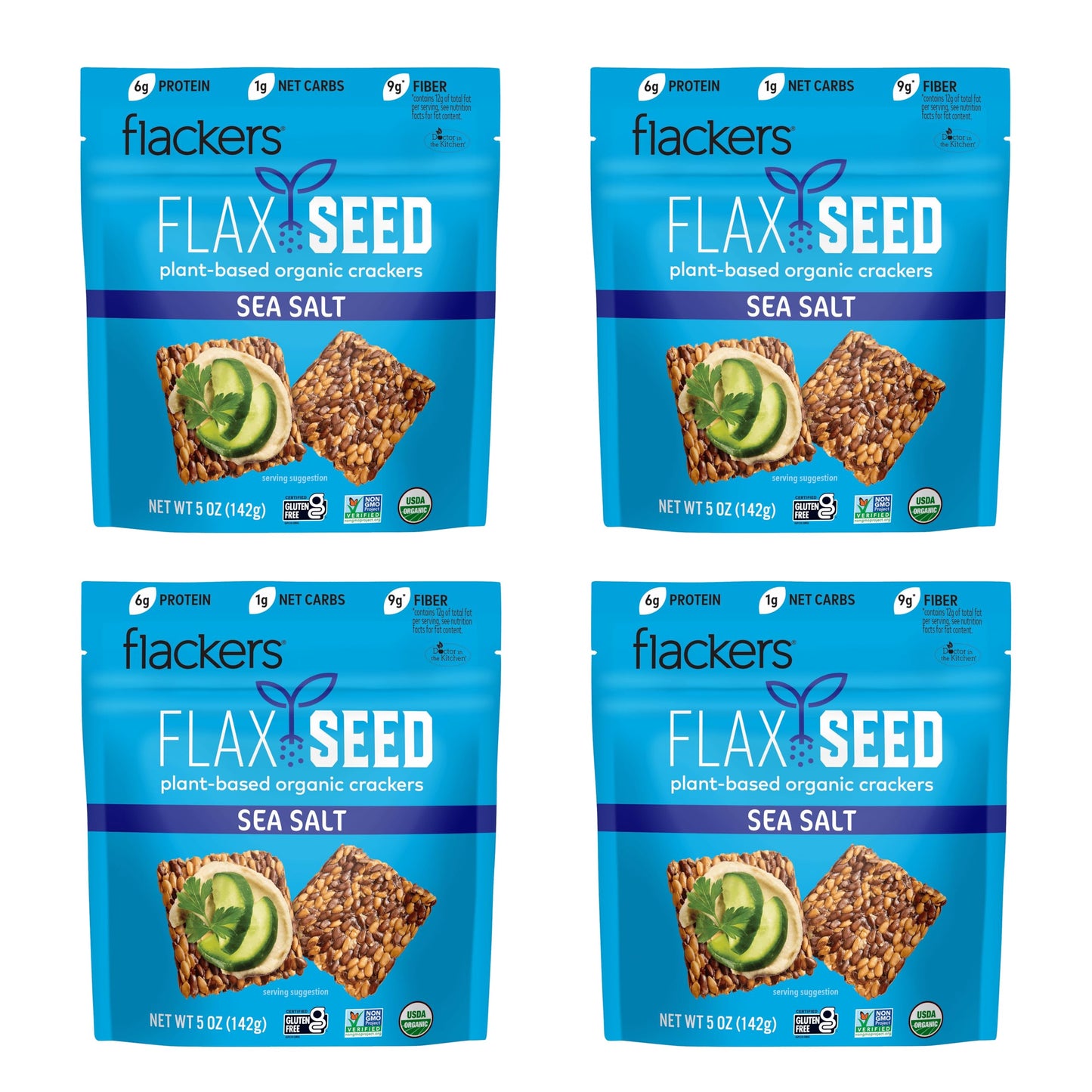 Flackers Organic Sea Salt Flaxseed Crackers Gluten Free Non GMO Vegan Keto Snack 9g Fiber 1g Net Carb 5 Ounce 4Pack
