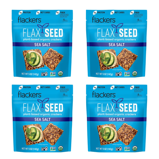 Flackers Organic Sea Salt Flaxseed Crackers Gluten Free Non GMO Vegan Keto Snack 9g Fiber 1g Net Carb 5 Ounce 4Pack