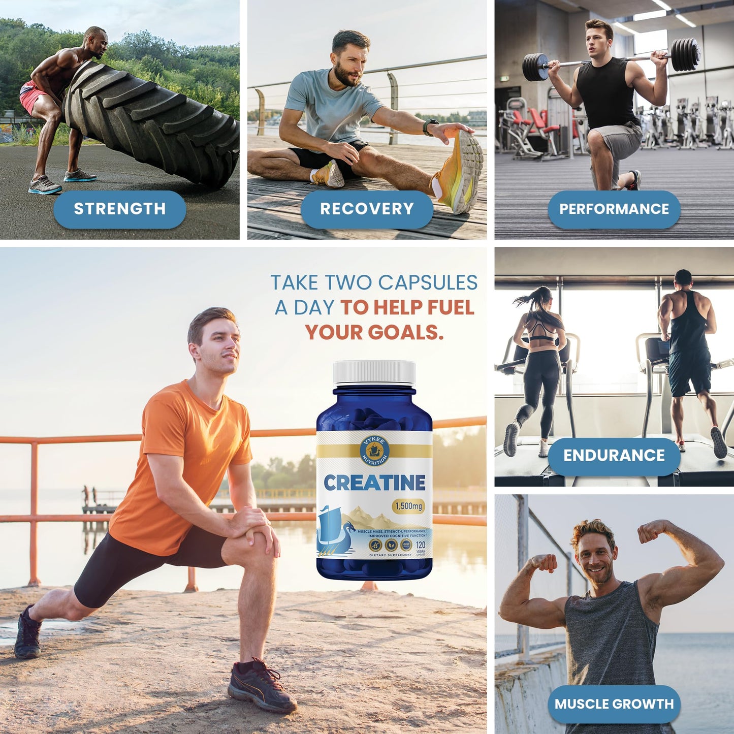 Vykee Nutrition High-Potency Creatine Monohydrate Capsules - for Muscle Strength, Training Endurance & Post-Workout Recovery | Keto, Paleo, Vegan, Gluten-Free | 1500mg Per 2 Capsules | 2 Month Supply