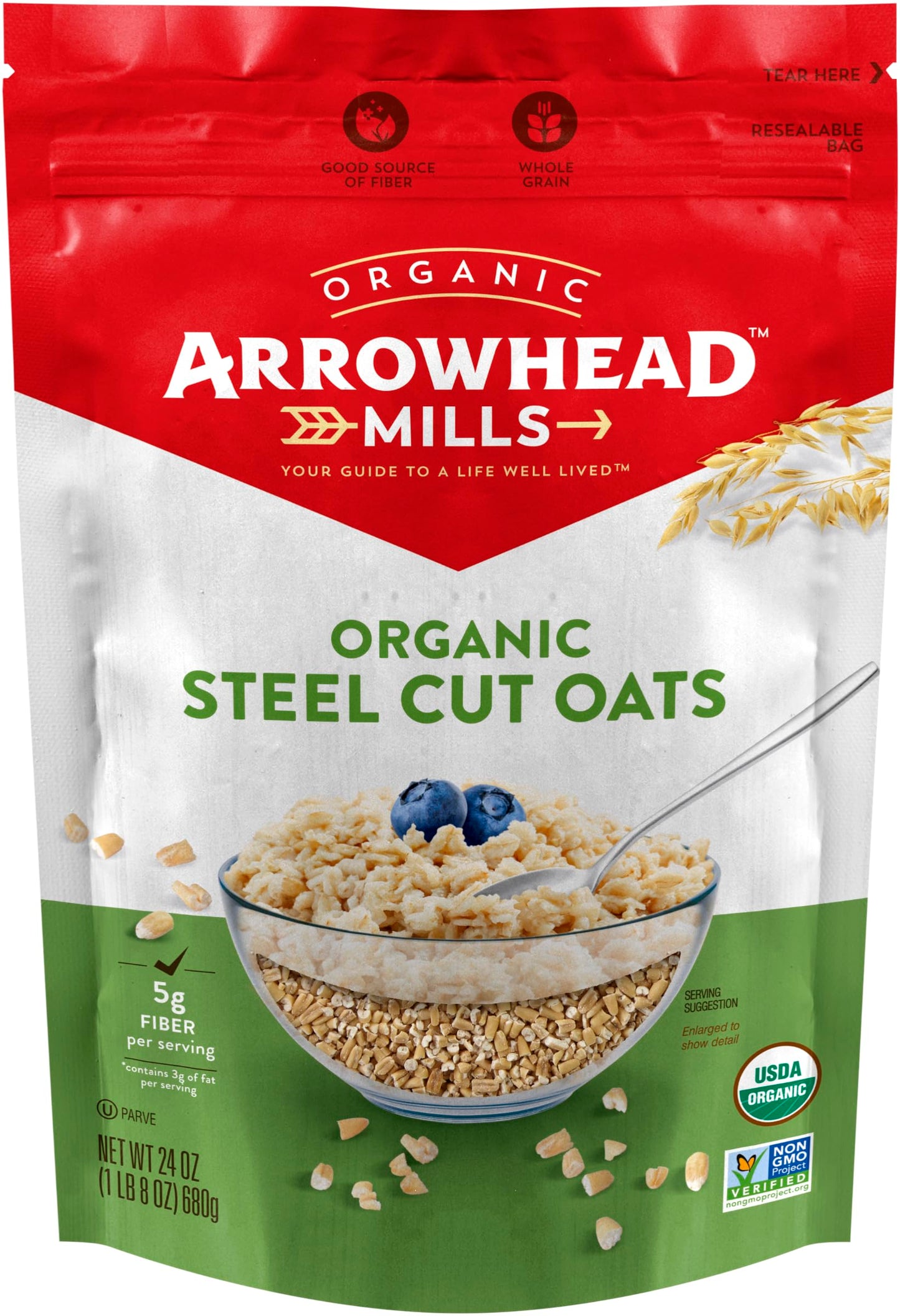Arrowhead Mills Breakfast Variety 1 of each Steel Cut Oats and Bulgur Wheat USDA Organic NonGMO 24 oz Pack of 2 with By The Cup Cereal Bowl