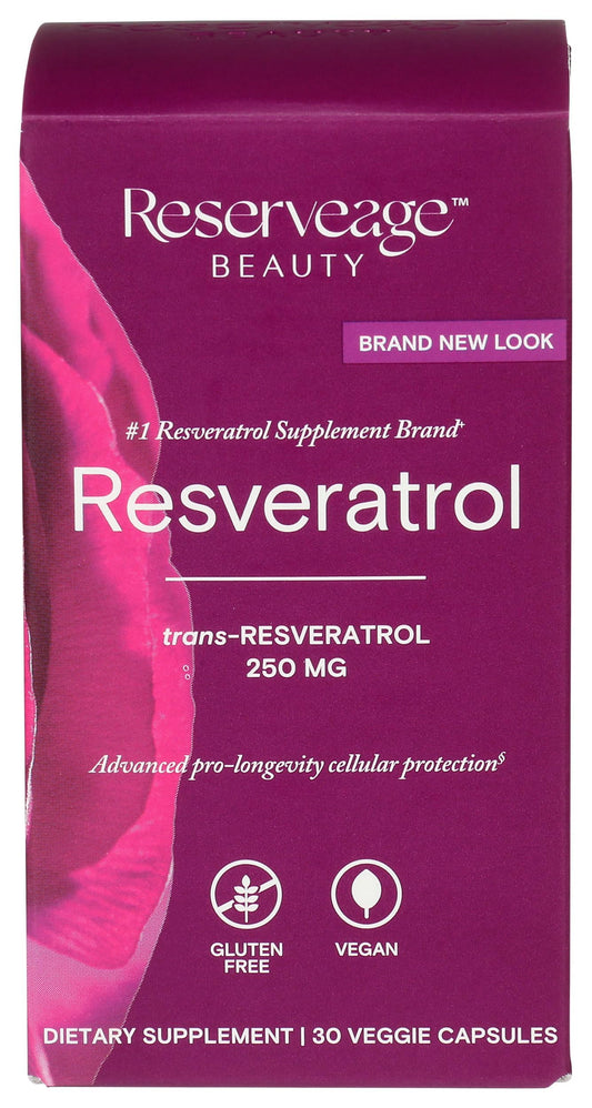 Reserveage Beauty Resveratrol 250 mg - Best Trans-Resveratrol - Vegan Antioxidant Supplement for Cellular & Heart Health - Aids Healthy Aging & Immune Health - 30 Vegetable Capsules (30 Servings)